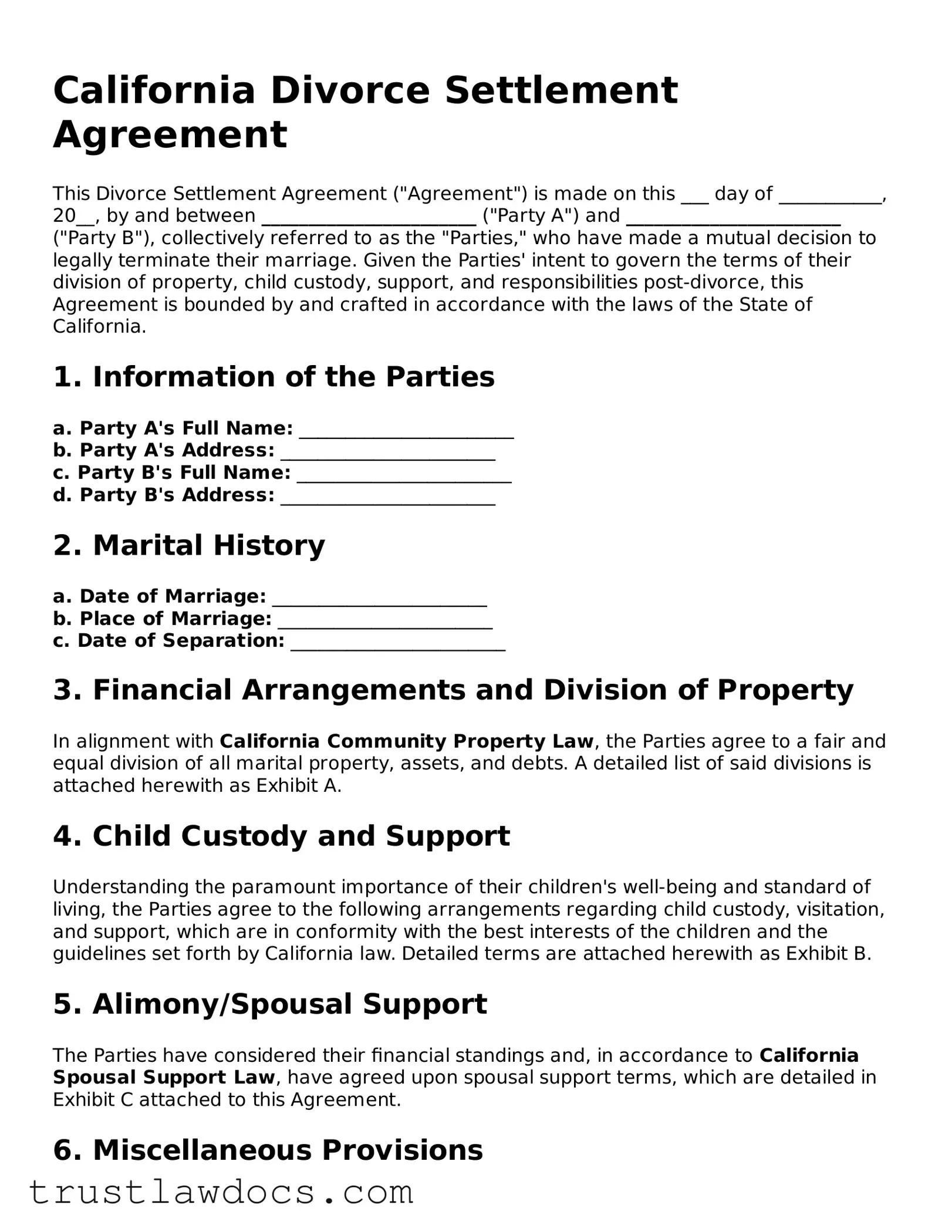 Free  Divorce Settlement Agreement Form for California
