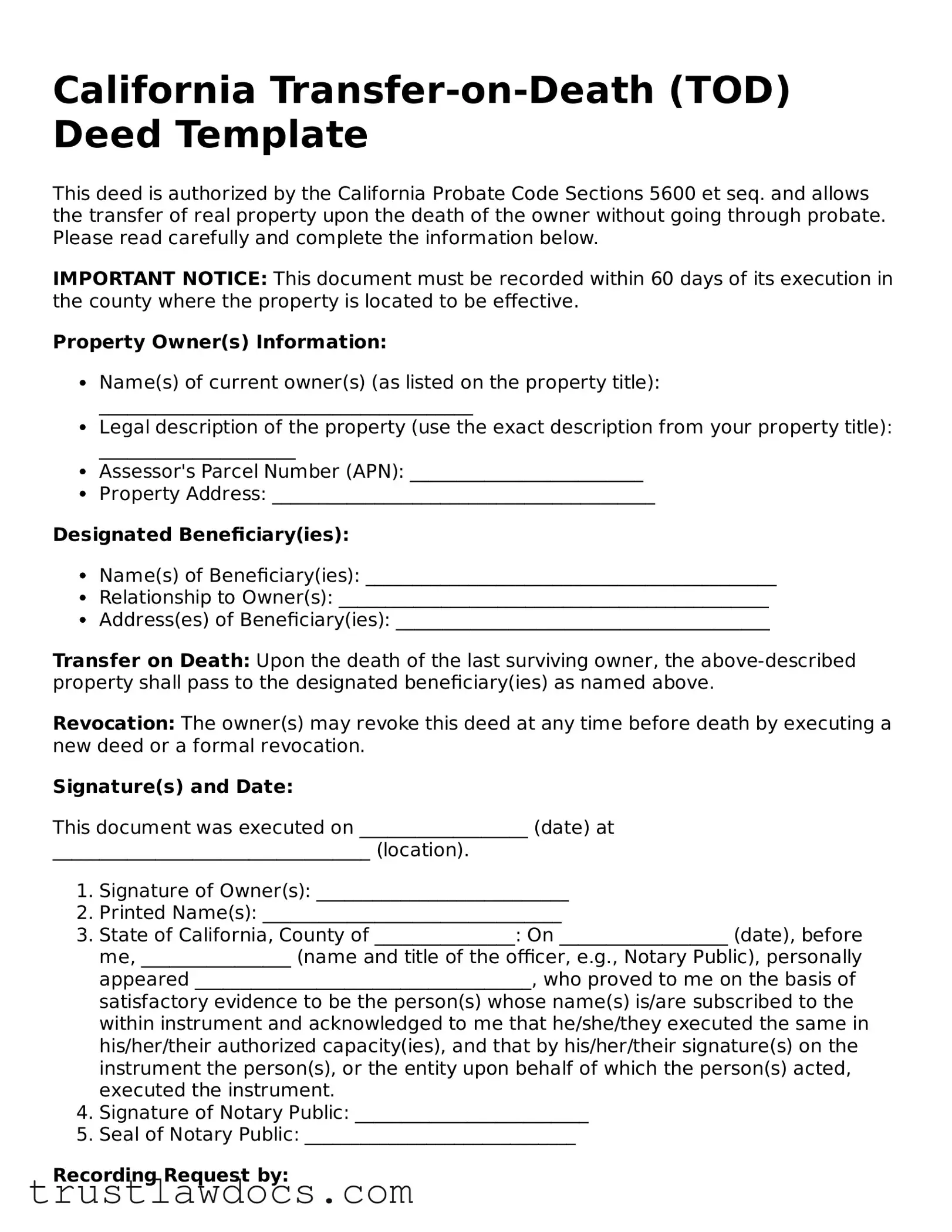 Free  Transfer-on-Death Deed Form for California