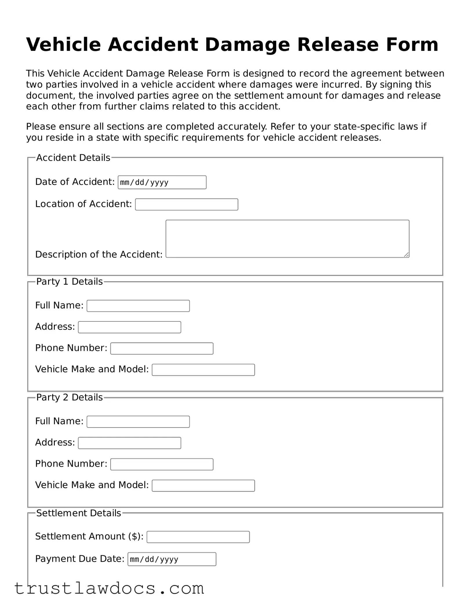 Official Vehicle Accident Damage Release Document