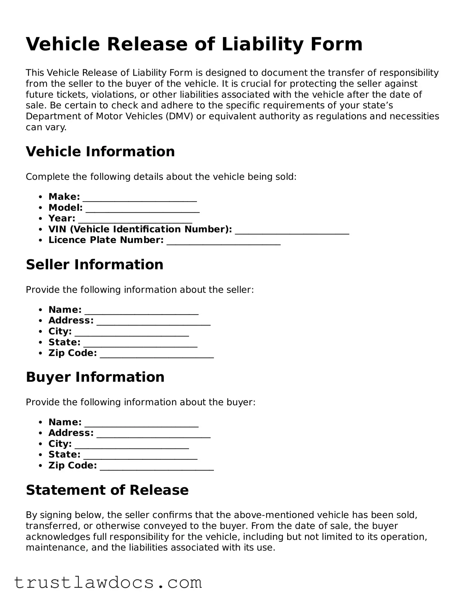 Official Vehicle Release of Liability Document