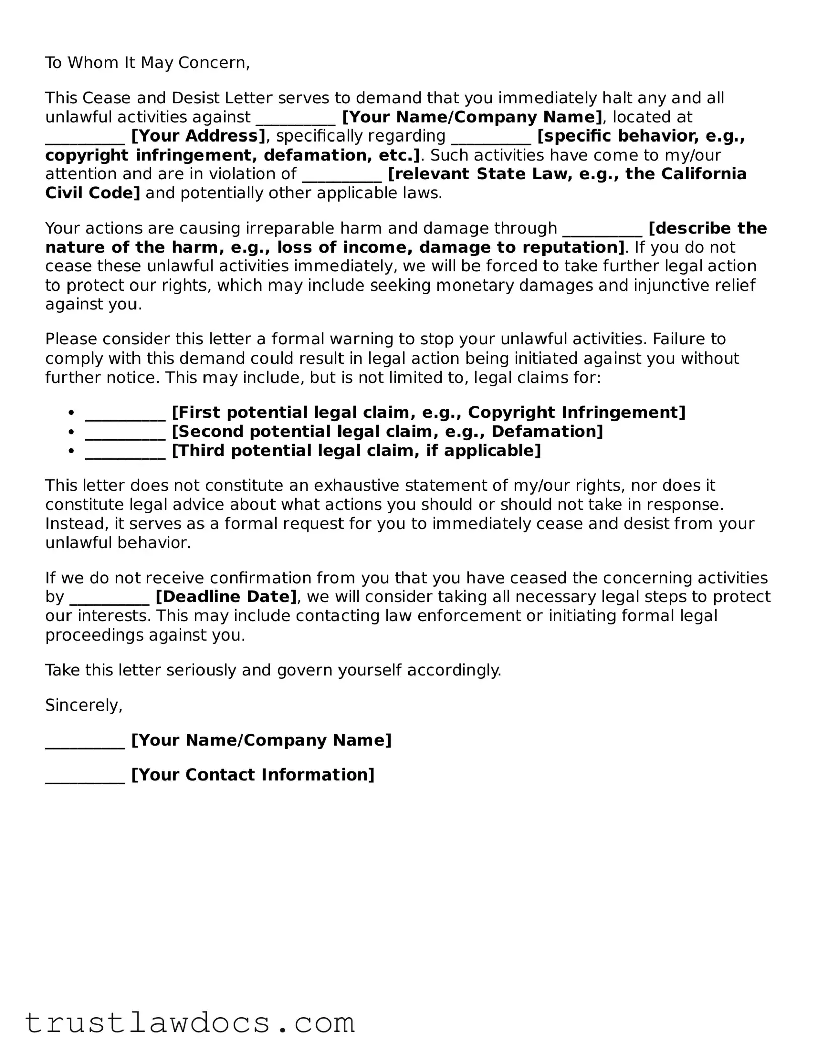 Official Cease and Desist Letter Document