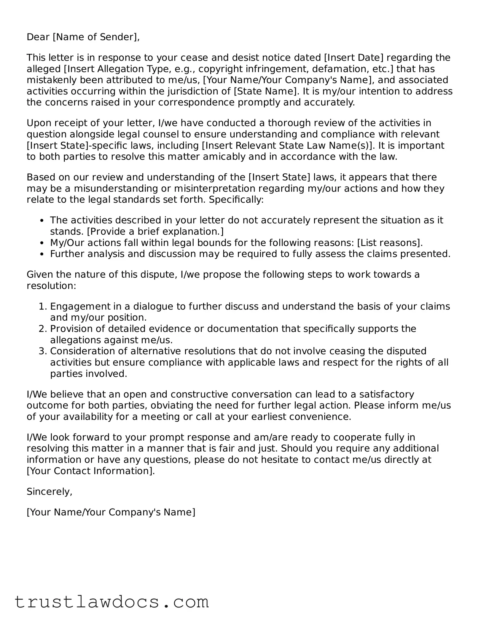 Official Response to a Cease and Desist Letter Document