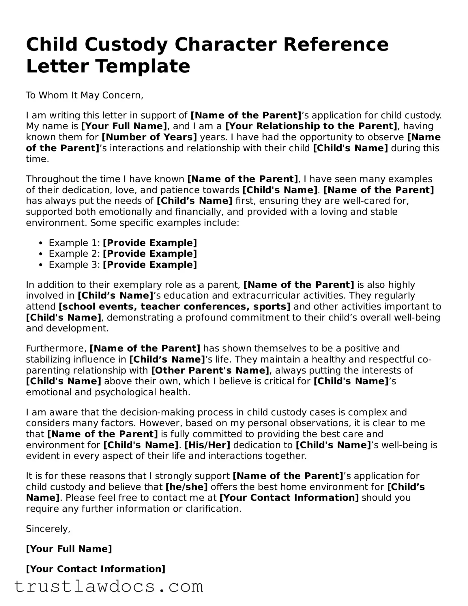 Official Character Reference Letter for Child Custody Document