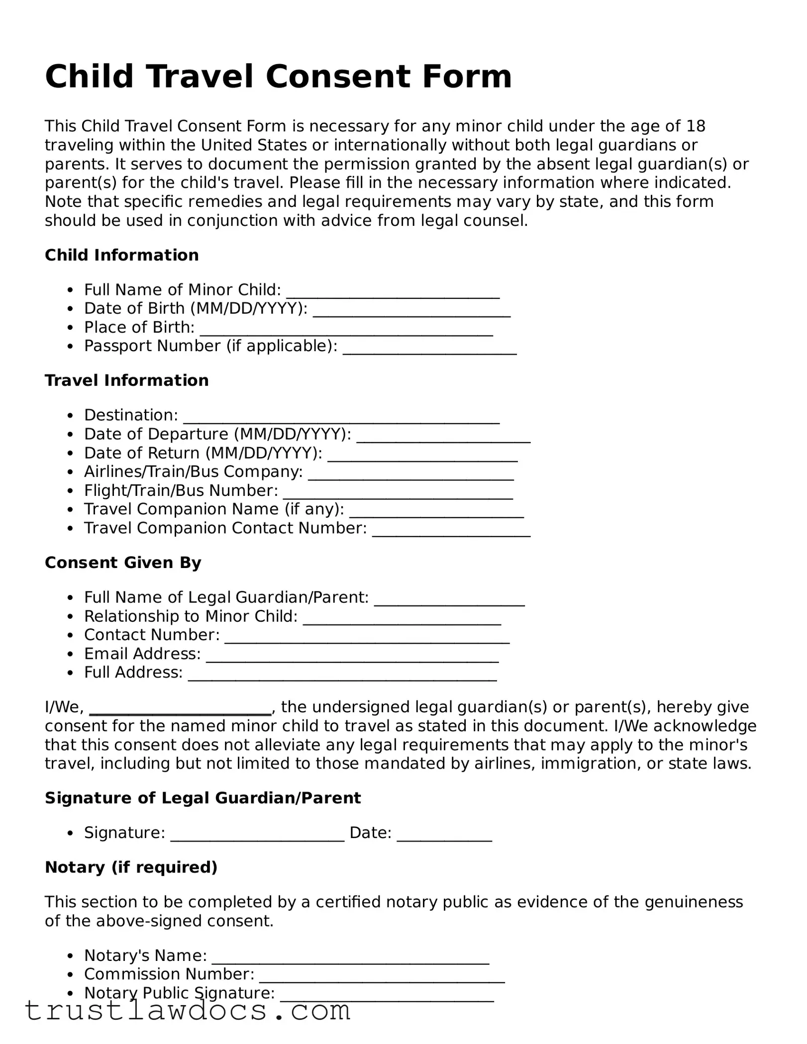 Official Child Travel Consent Form Document