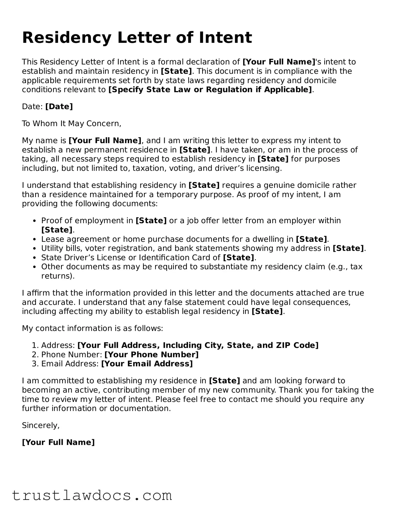 Official Residency Letter of Intent Document