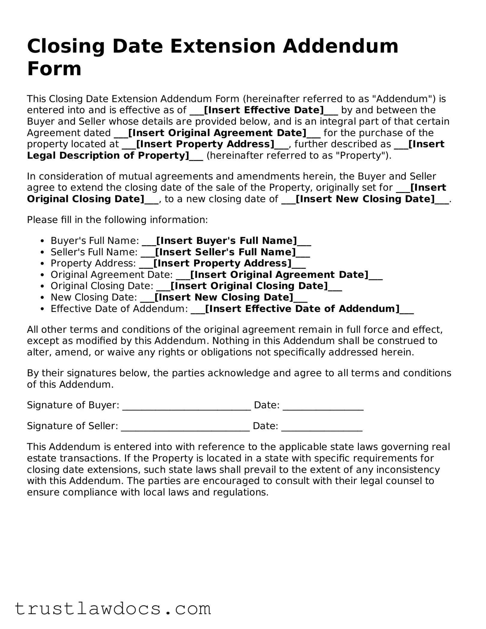 Official Closing Date Extension Addendum Form Document