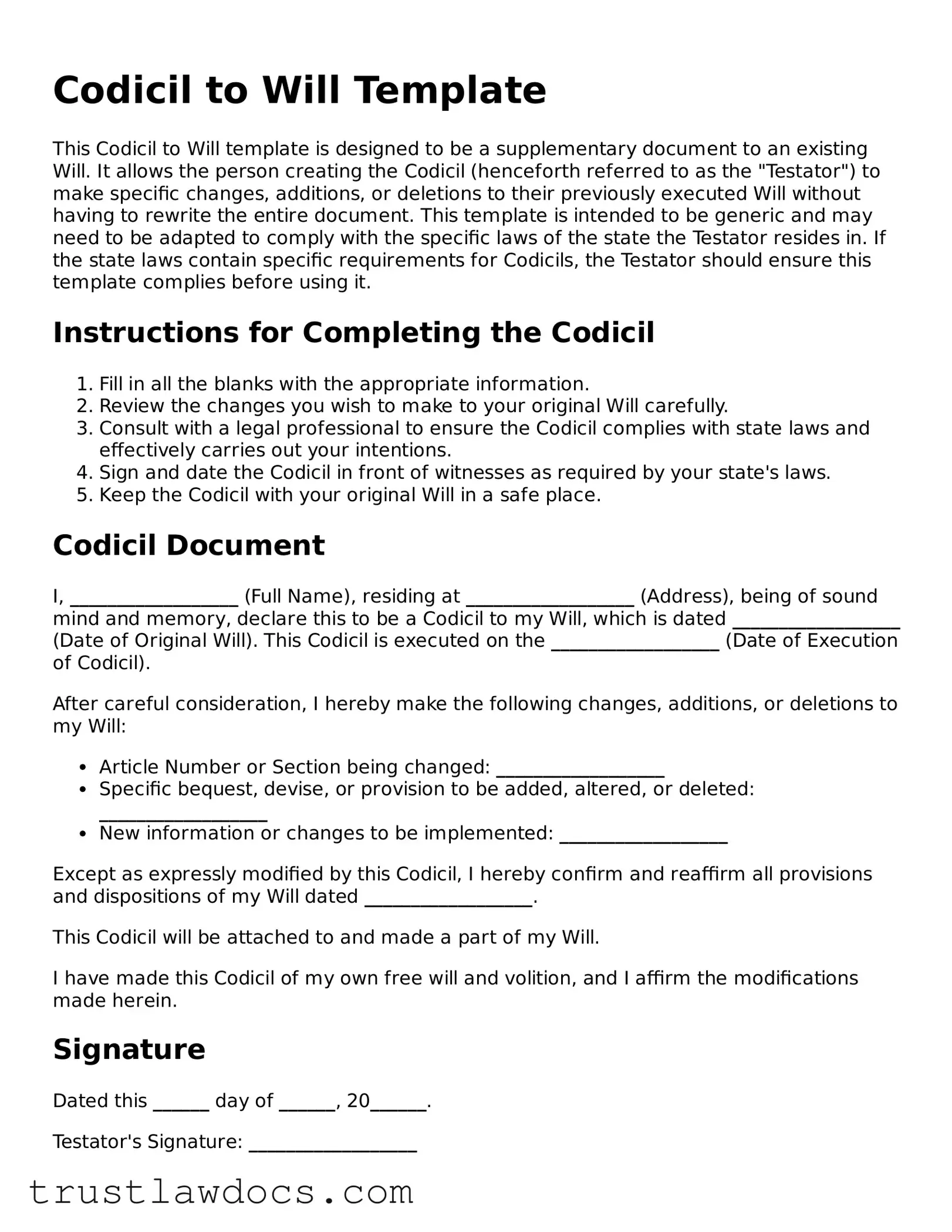 Official Codicil to Will Document