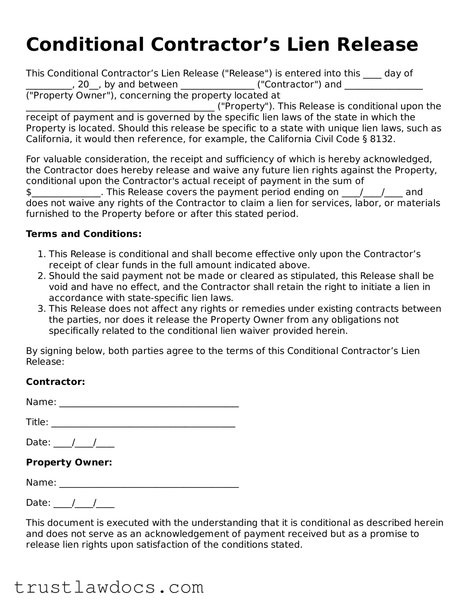 Official Conditional Contractor’s Lien Release Document