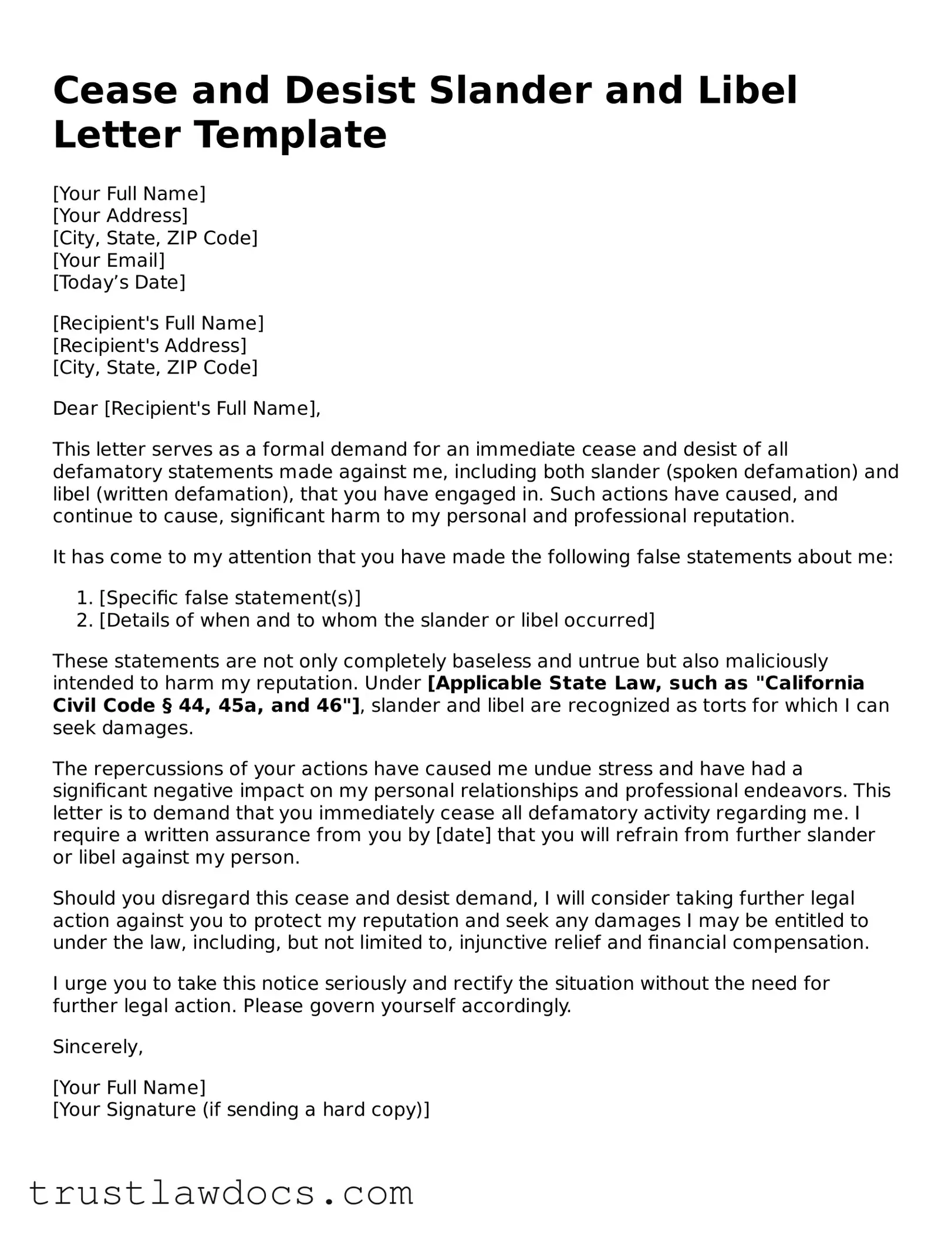 Official Cease and Desist Slander and Libel Letter Document