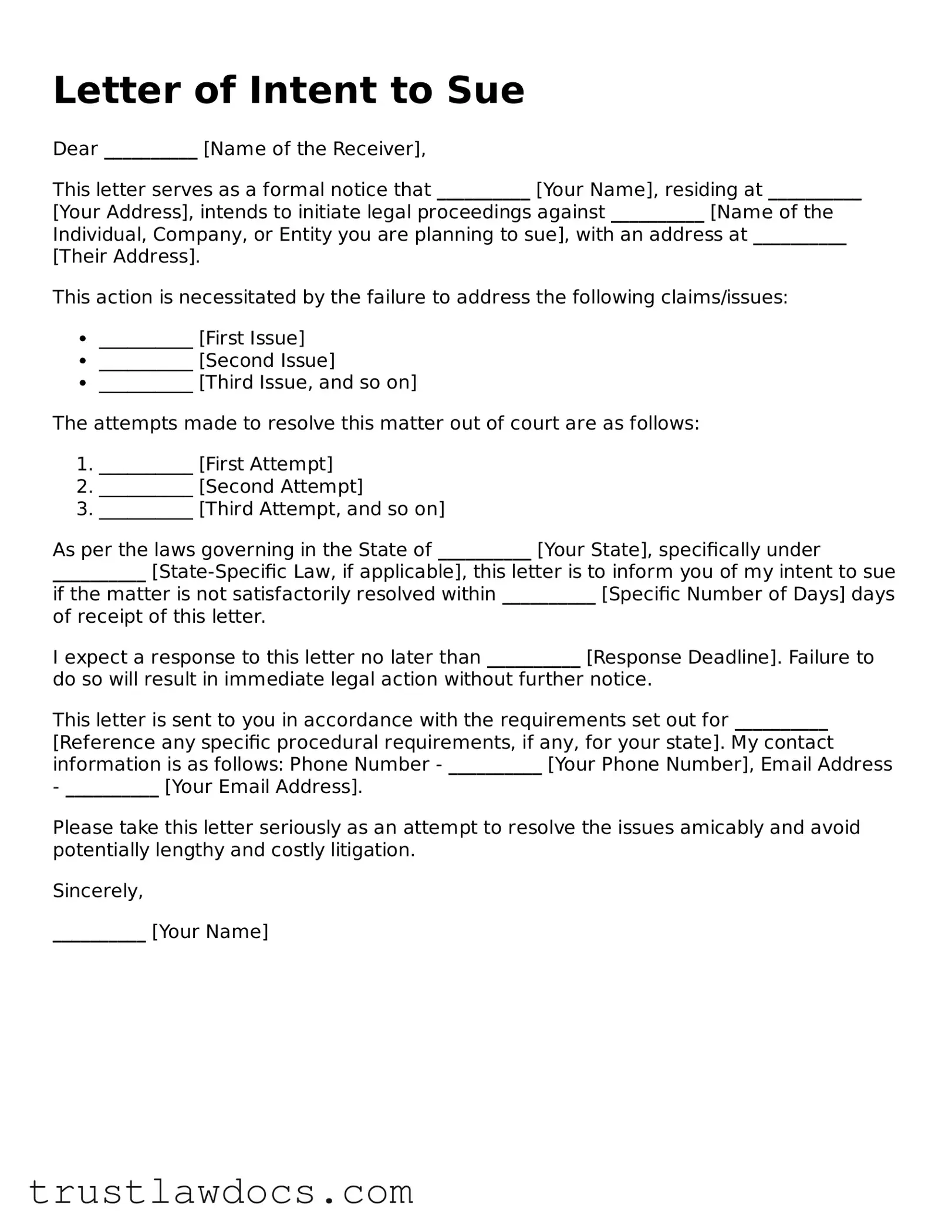 Official Letter of Intent to Sue Document