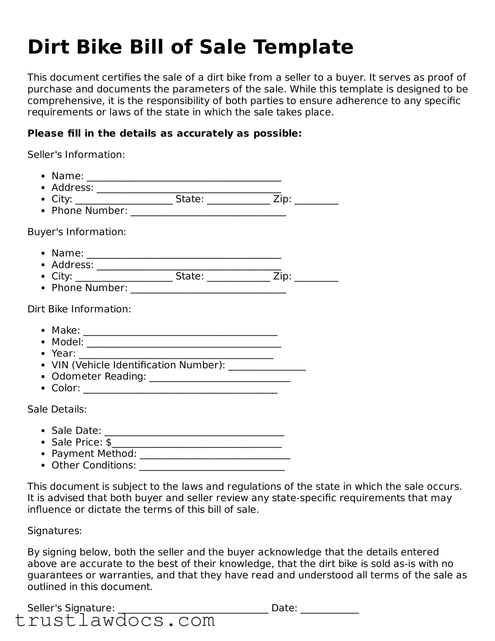 Official Dirt Bike Bill of Sale Document