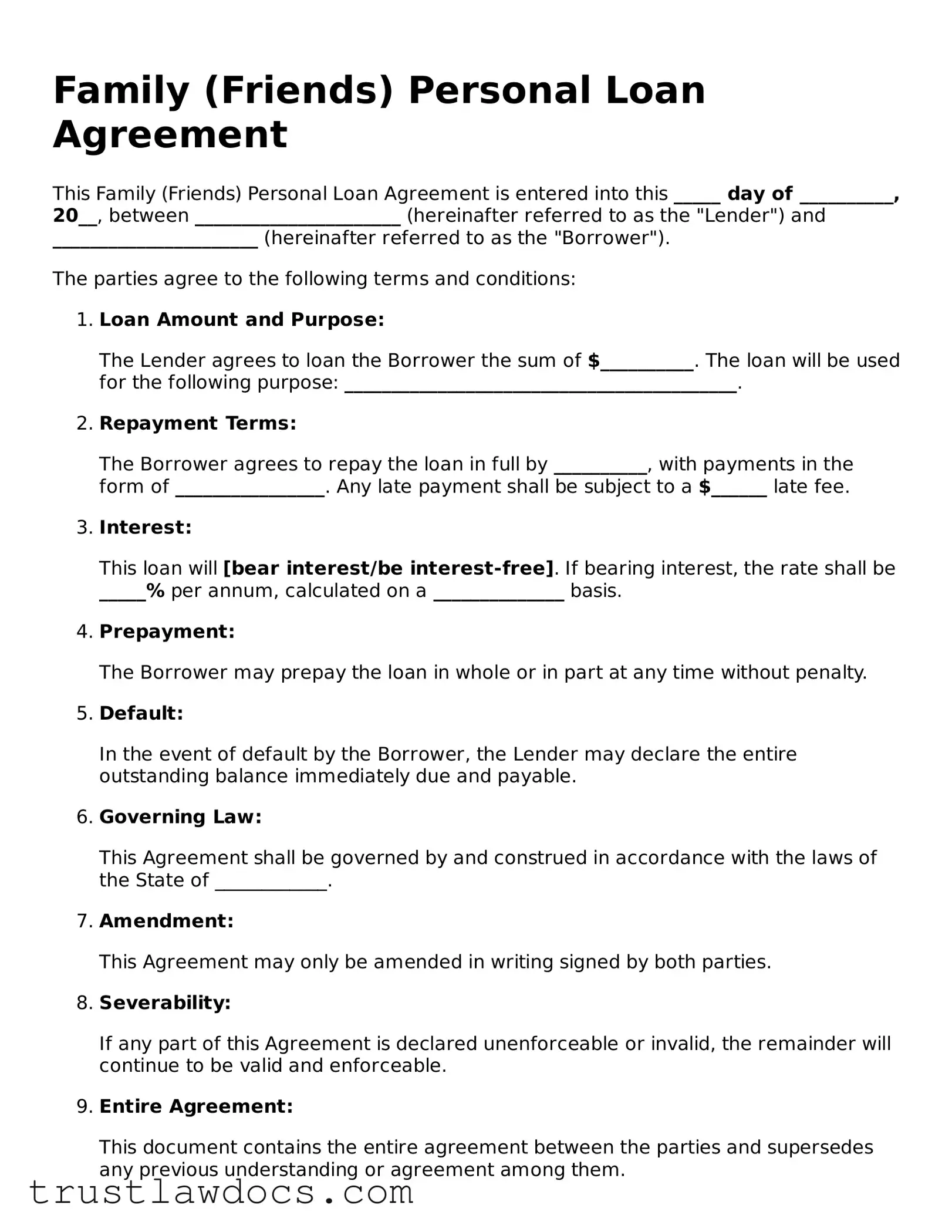 Official Family (Friends) Personal Loan Agreement Document