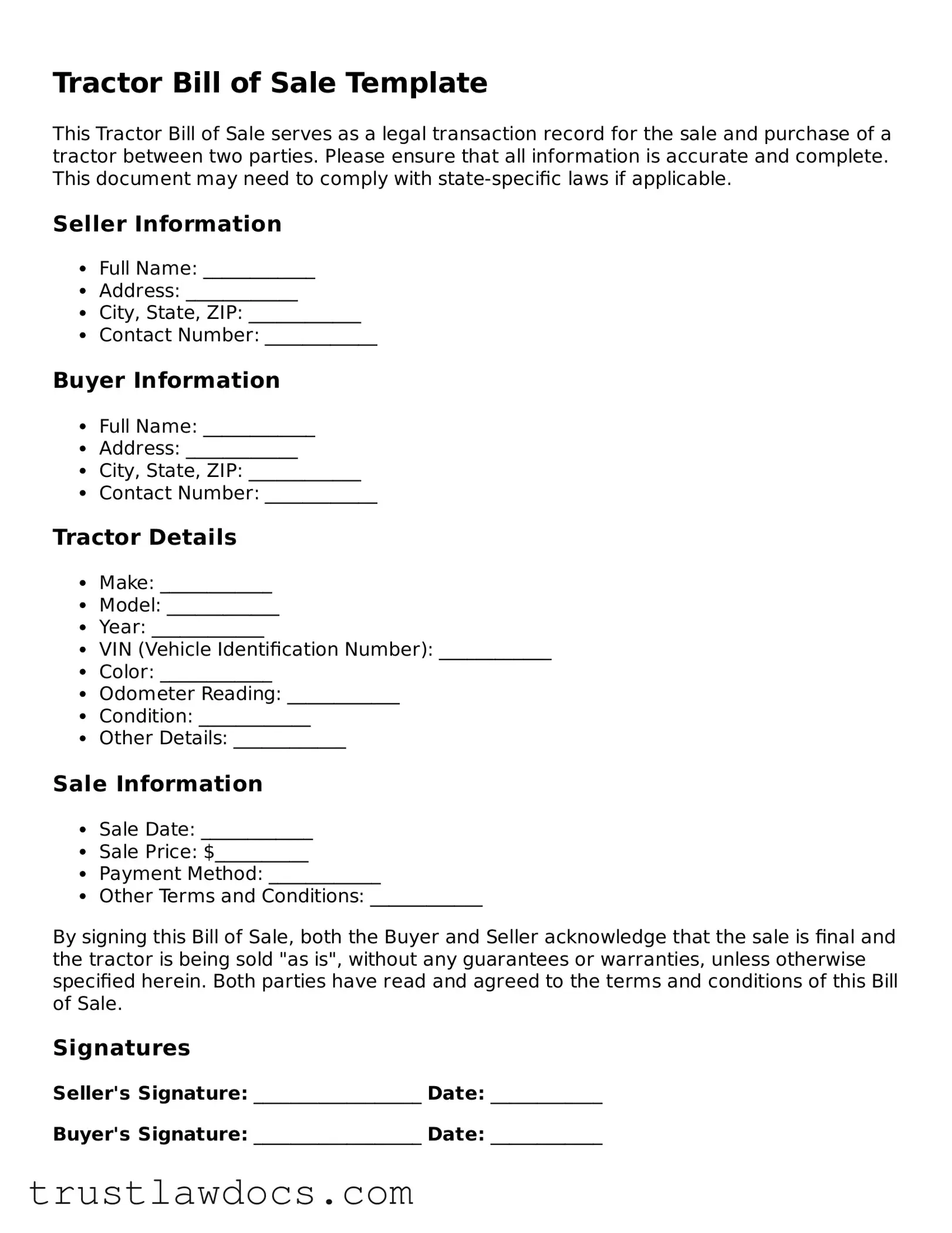 Official Tractor Bill of Sale Document