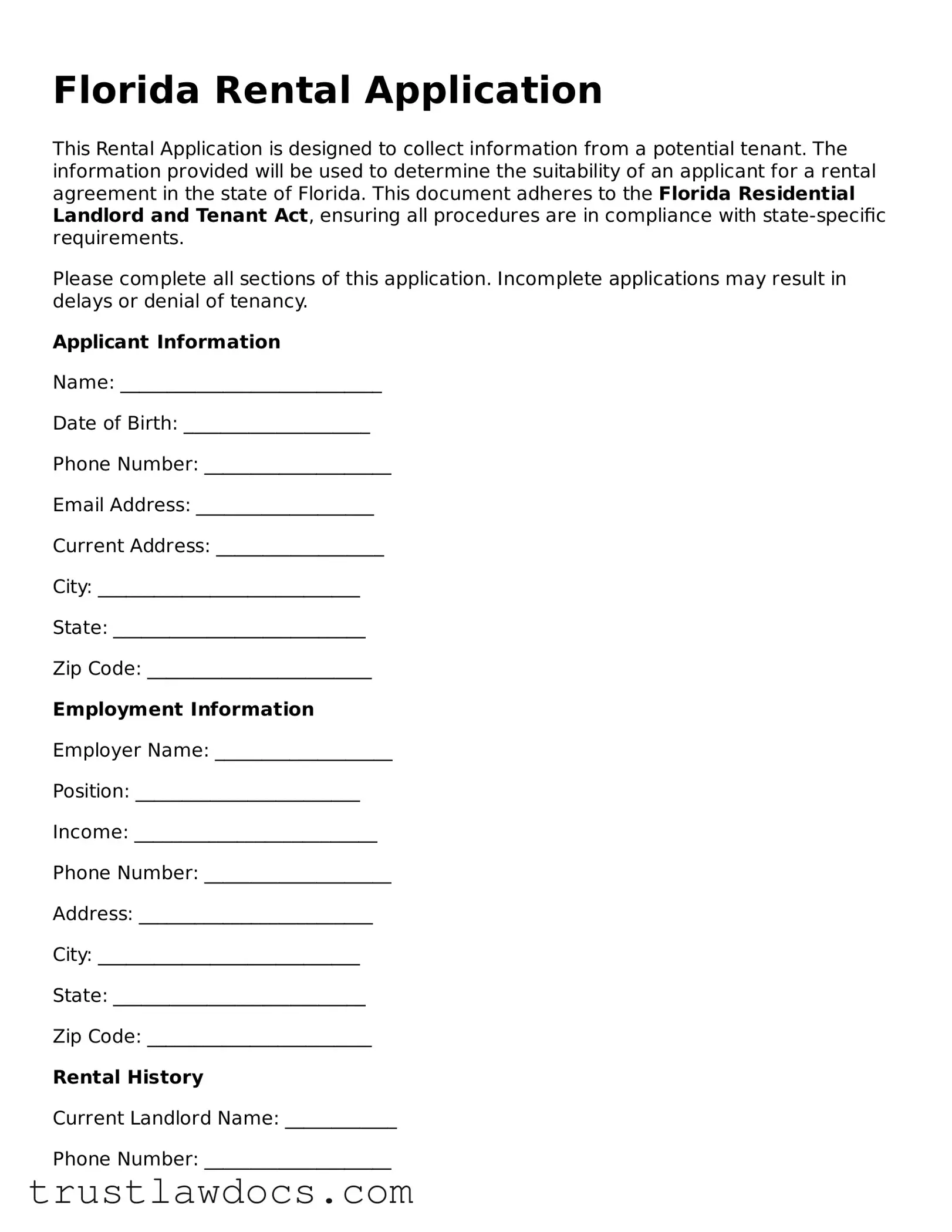 Free  Rental Application Form for Florida