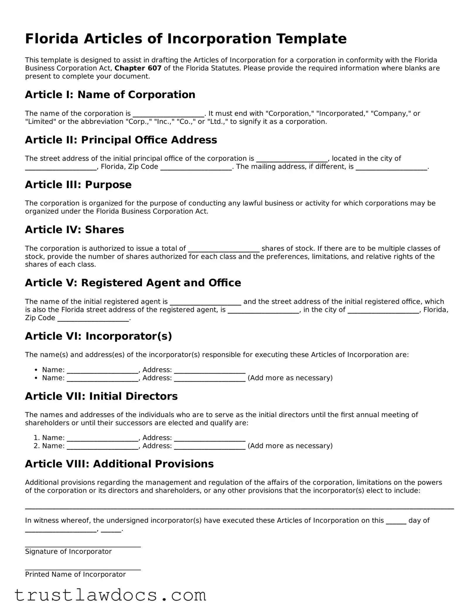Free  Articles of Incorporation Form for Florida