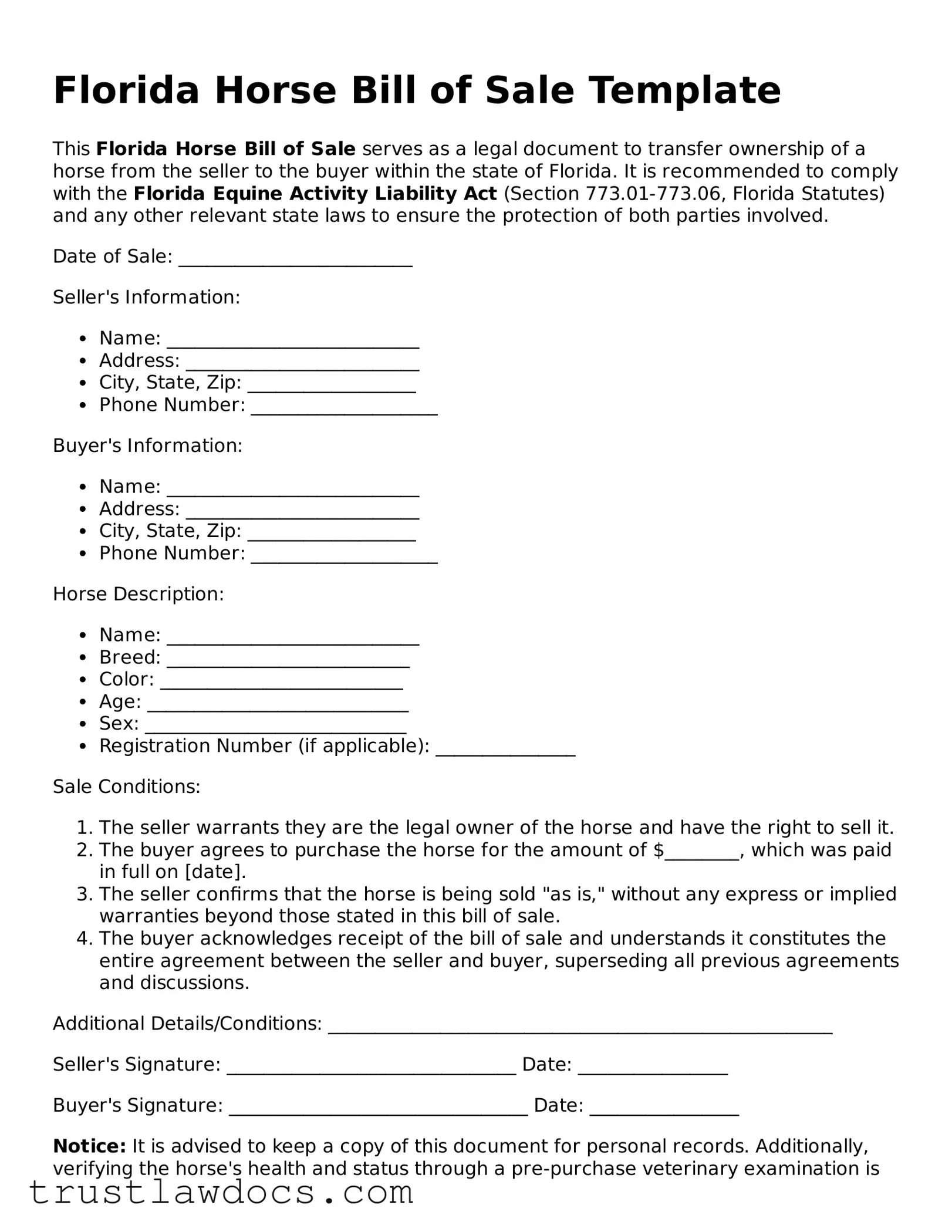 Free  Horse Bill of Sale Form for Florida