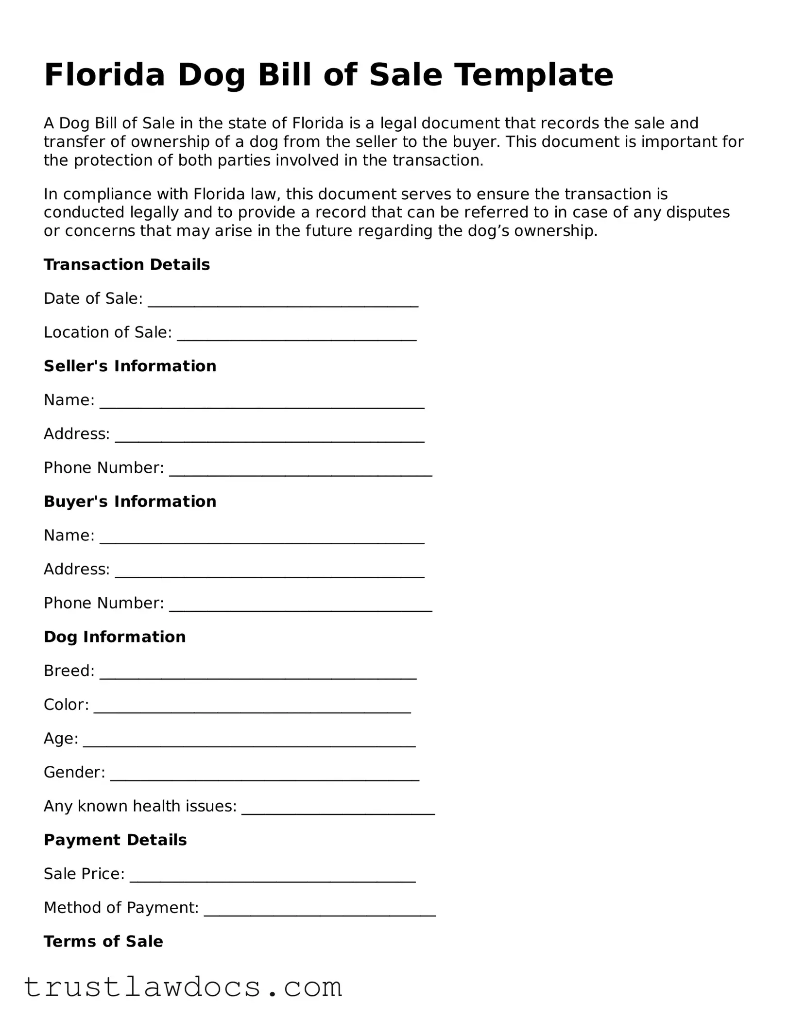 Free  Dog Bill of Sale Form for Florida