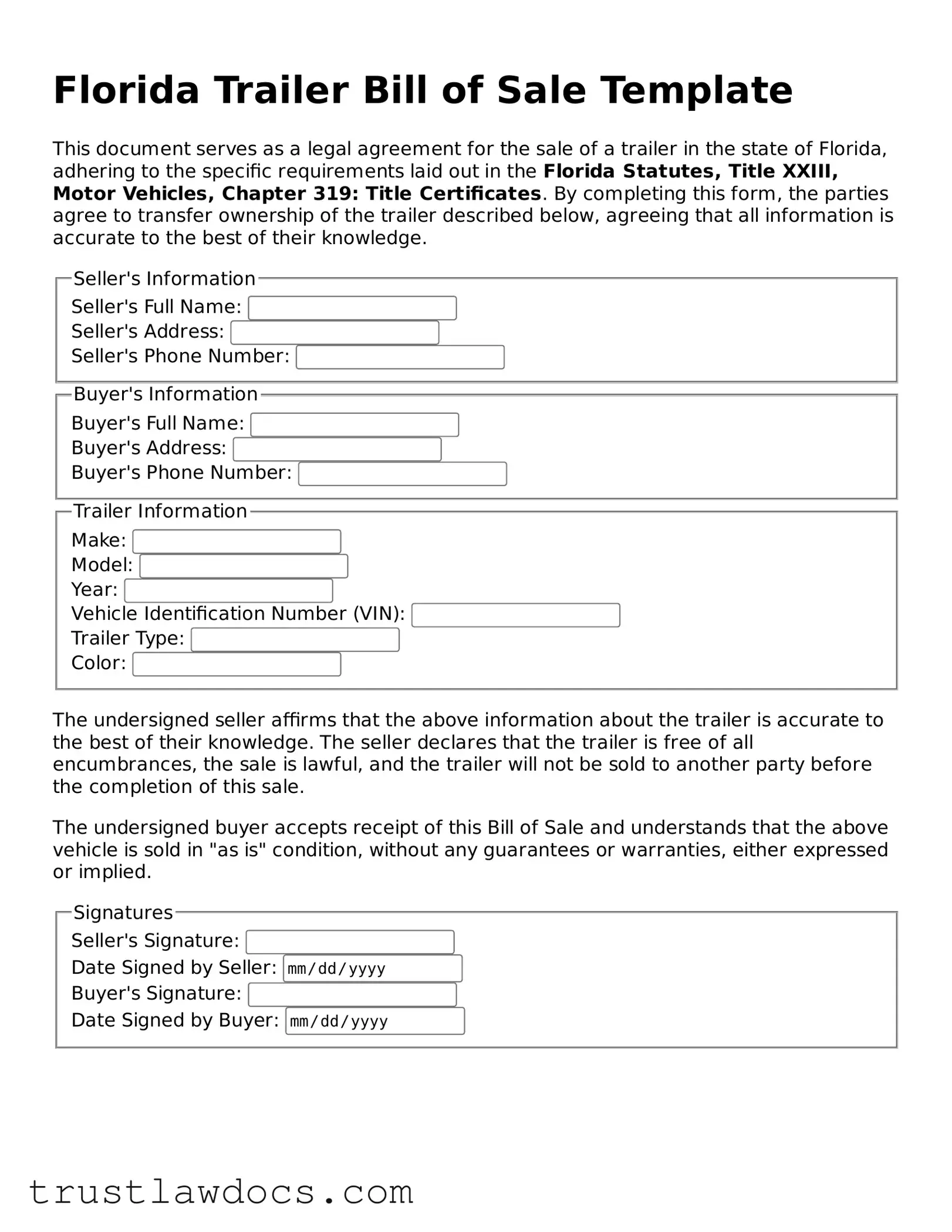 Free  Trailer Bill of Sale Form for Florida