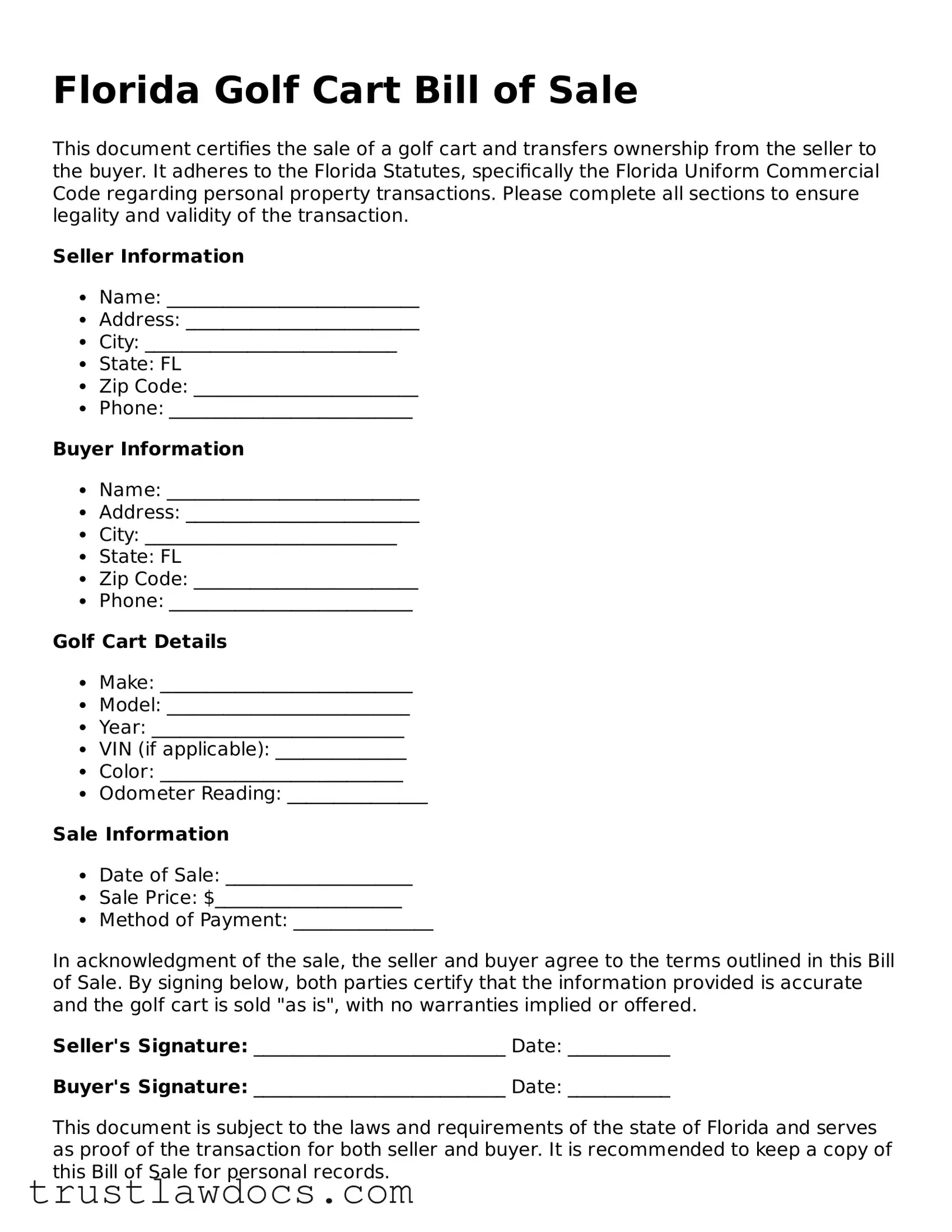 Free  Golf Cart Bill of Sale Form for Florida