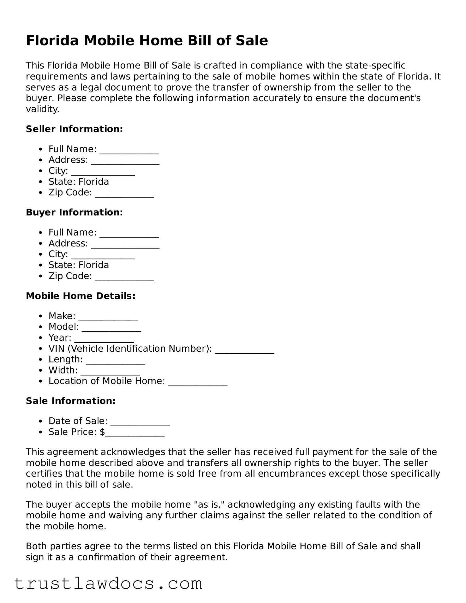 Free  Mobile Home Bill of Sale Form for Florida