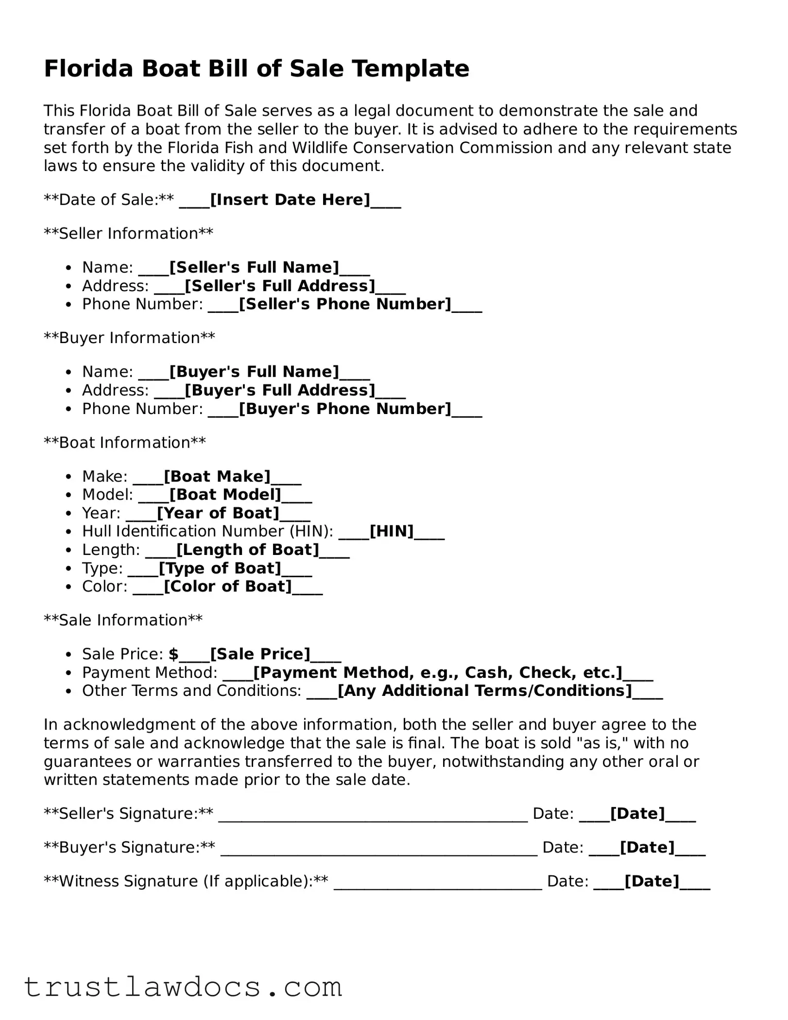 Free  Boat Bill of Sale Form for Florida