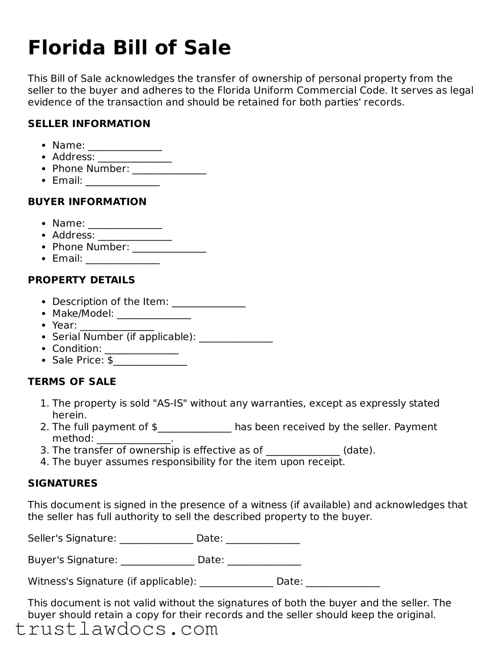 Free  Bill of Sale Form for Florida