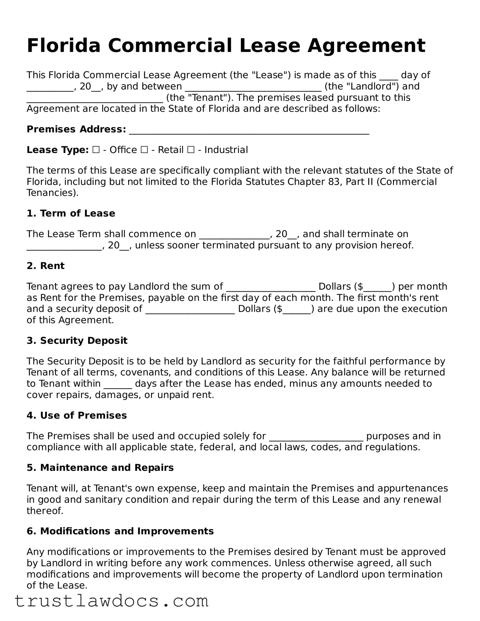 Free  Commercial Lease Agreement Form for Florida