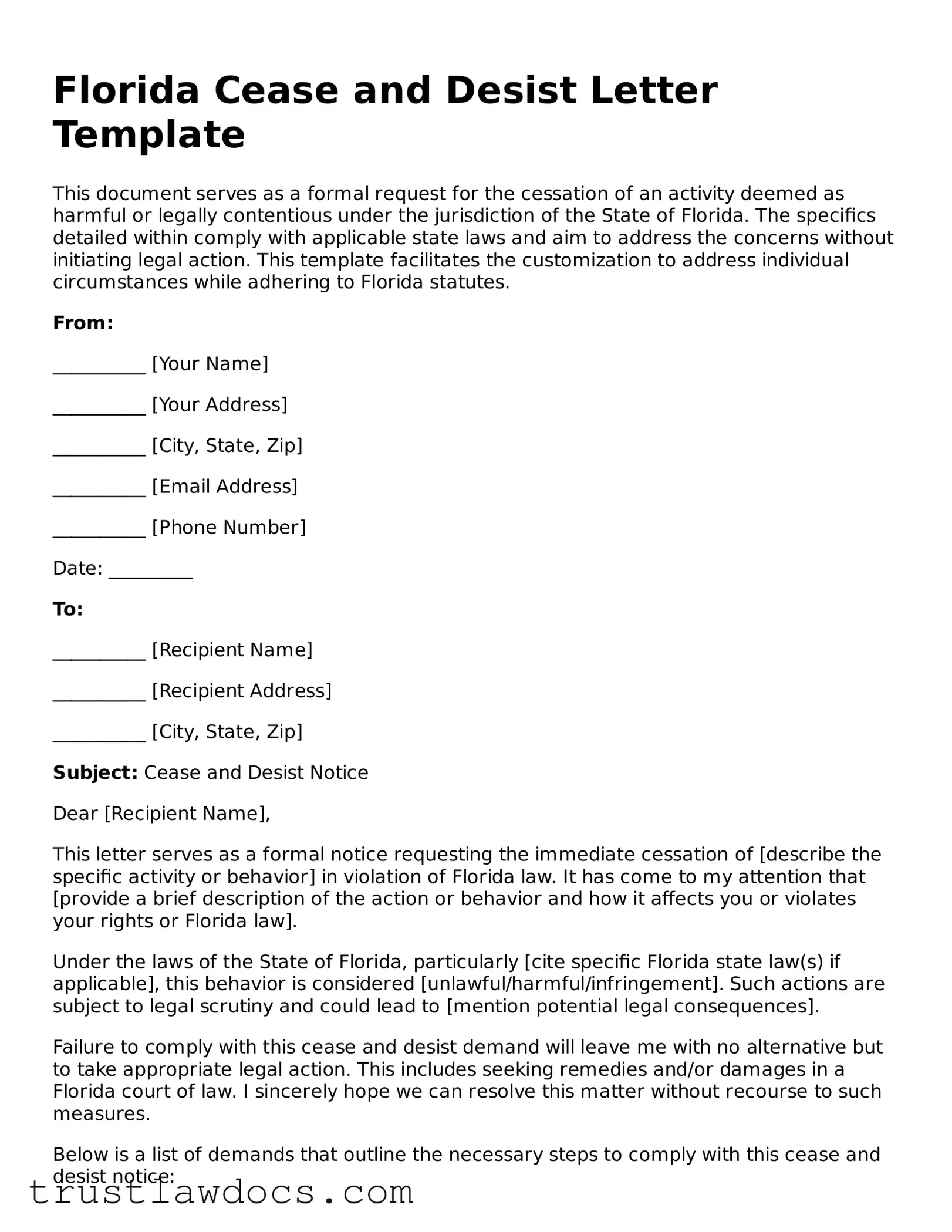 Free  Cease and Desist Letter Form for Florida