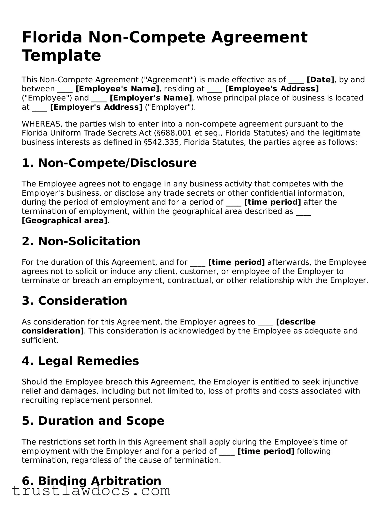 Free  Non-compete Agreement Form for Florida