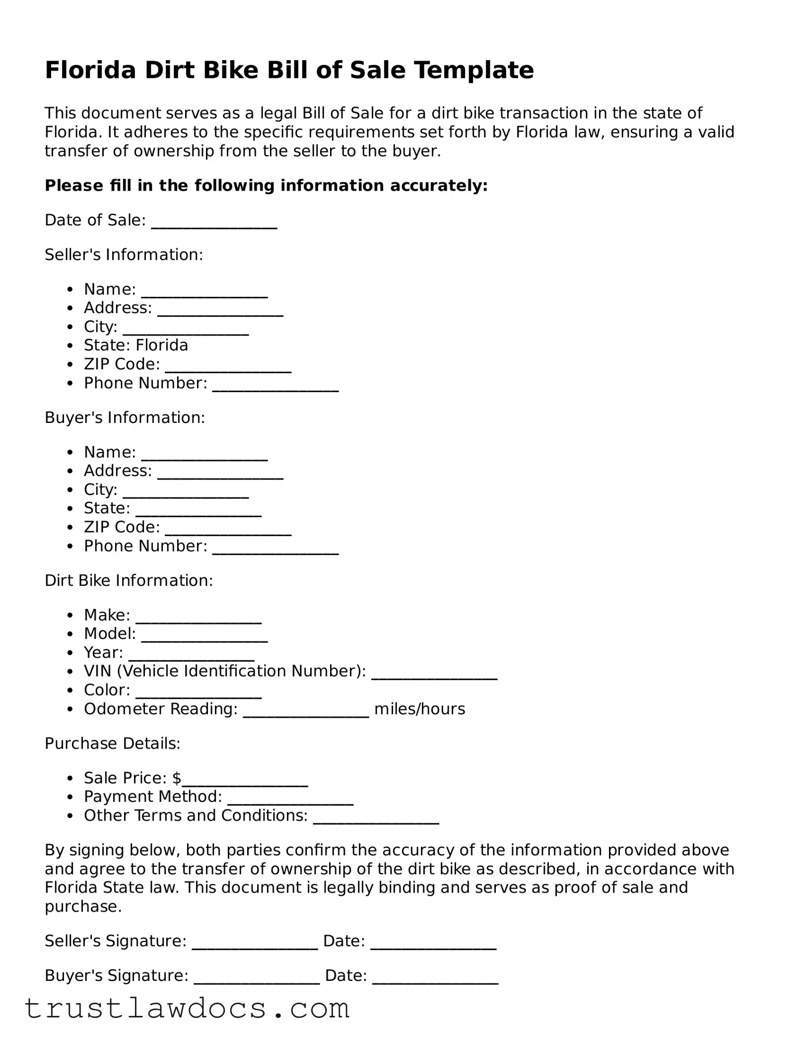 Free  Dirt Bike Bill of Sale Form for Florida