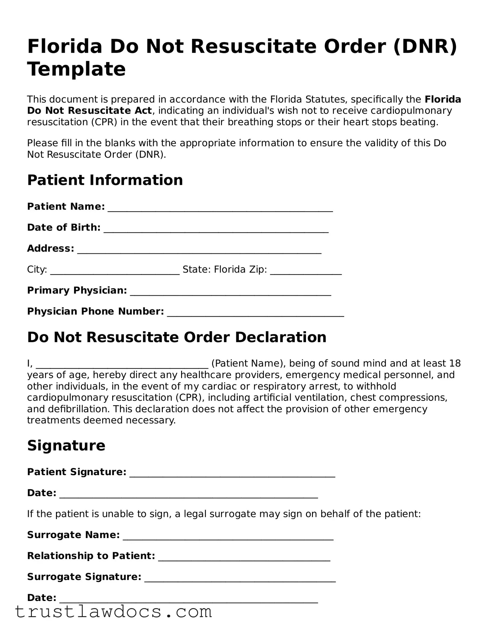 Free  Do Not Resuscitate Order Form for Florida