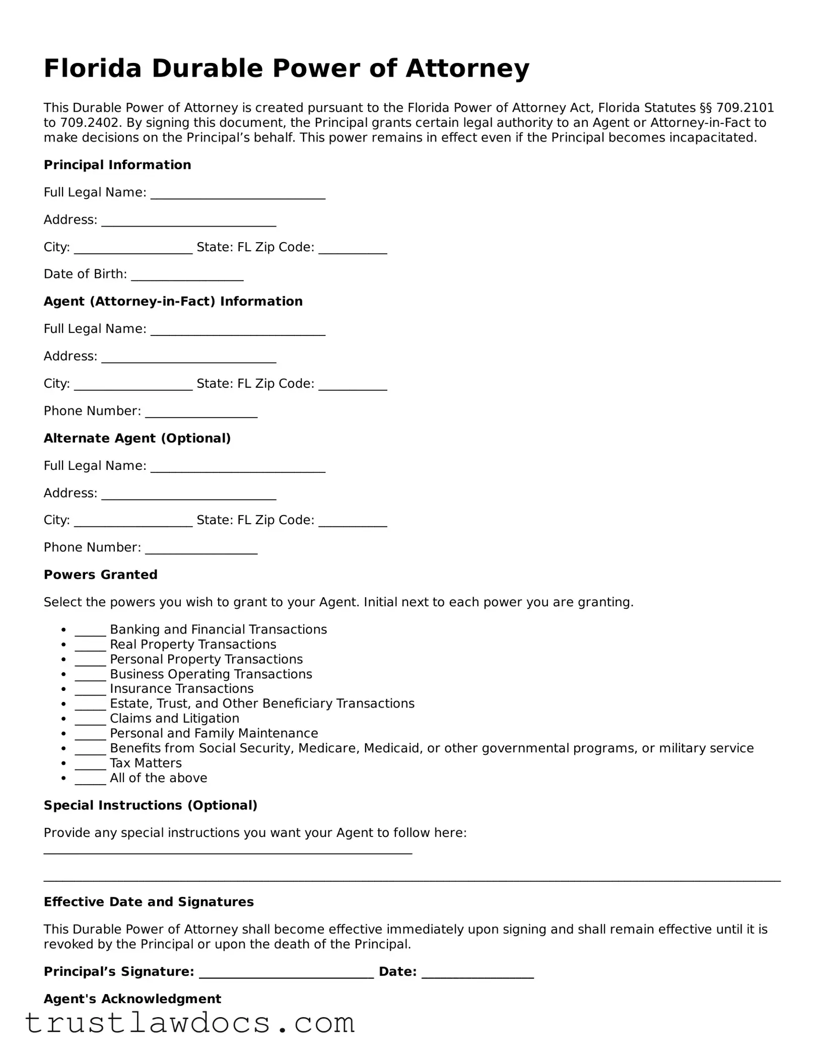 Free  Durable Power of Attorney Form for Florida