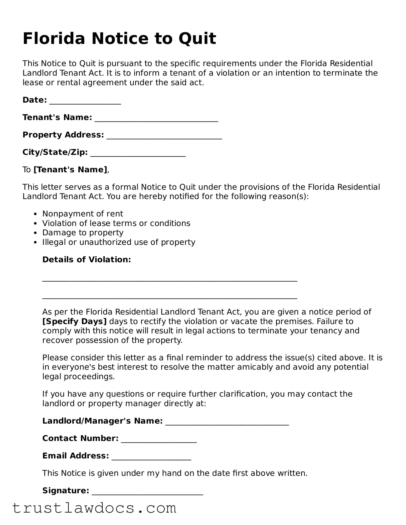 Free  Notice to Quit Form for Florida