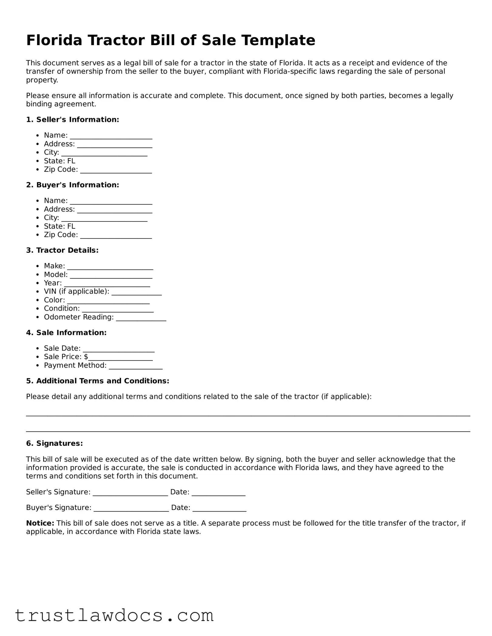 Free  Tractor Bill of Sale Form for Florida