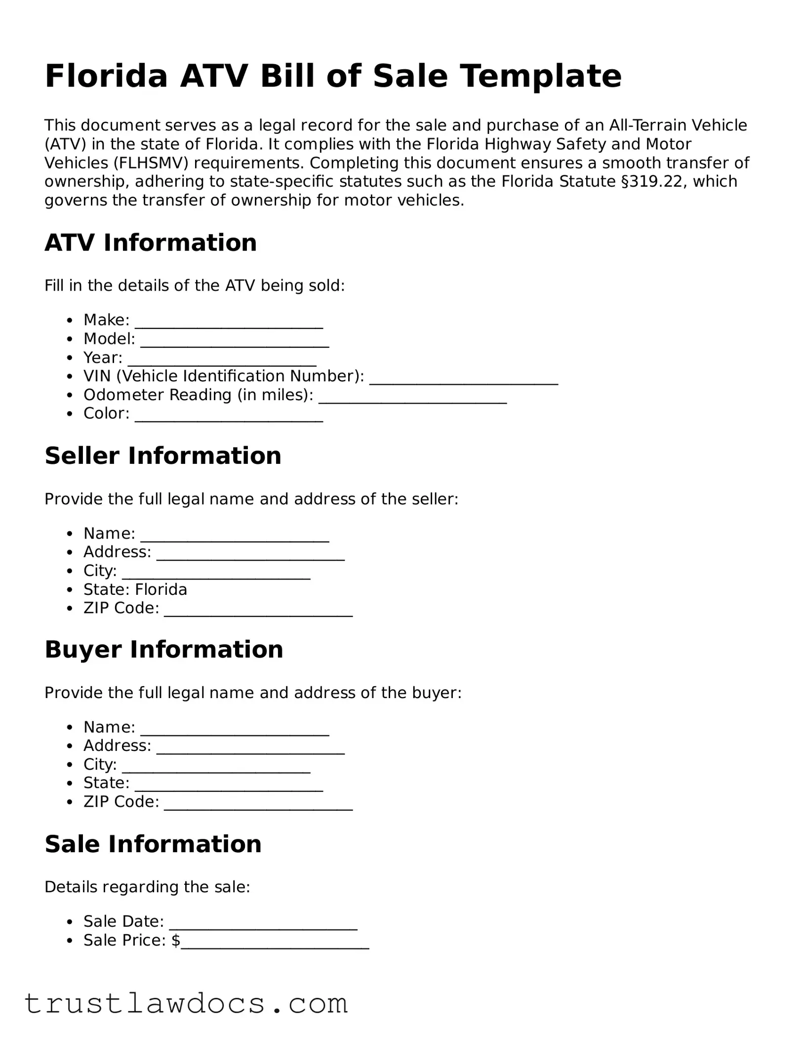 Free  ATV Bill of Sale Form for Florida