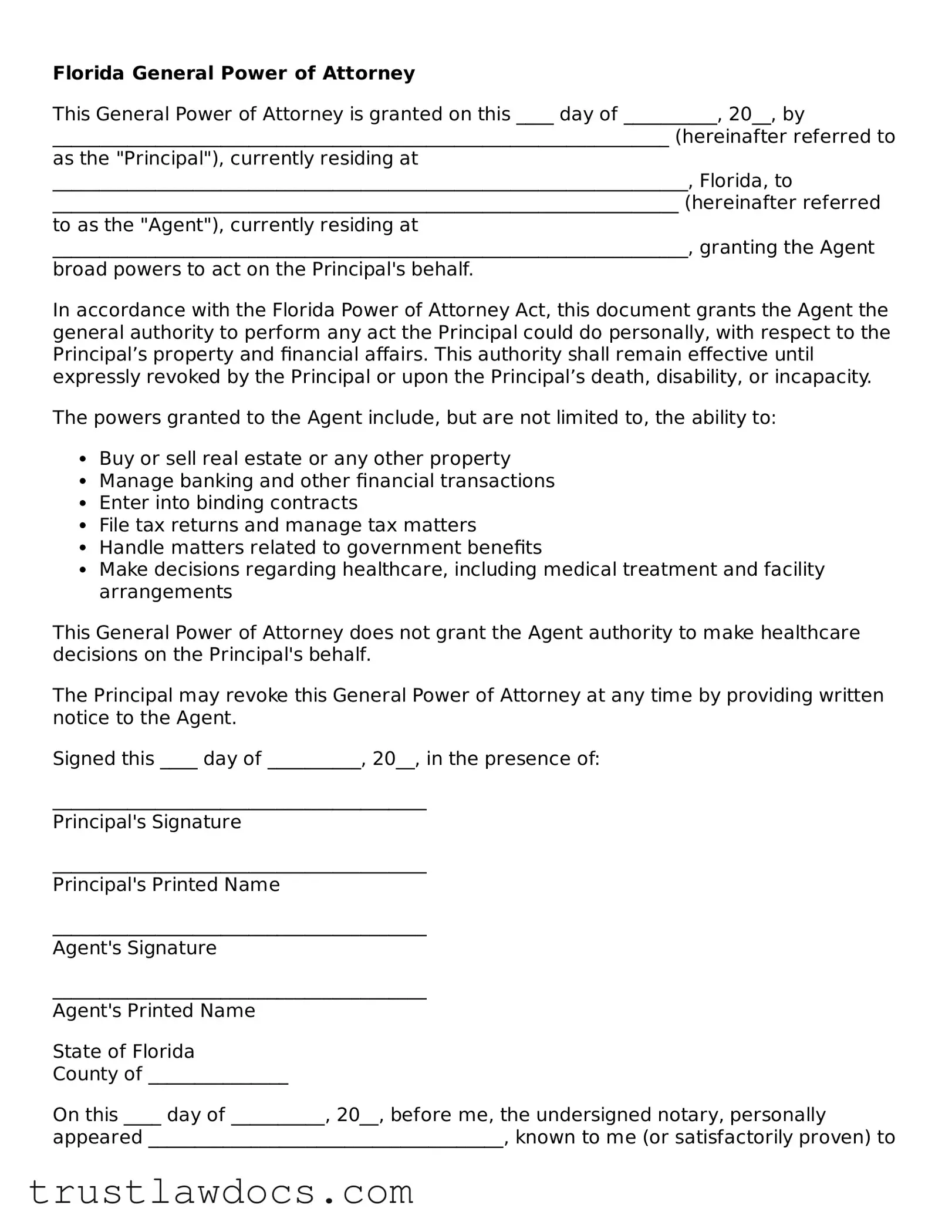 Free  General Power of Attorney Form for Florida
