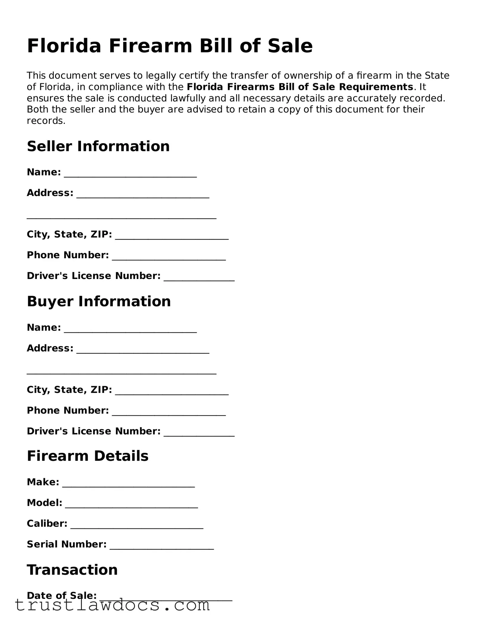Free  Firearm Bill of Sale Form for Florida