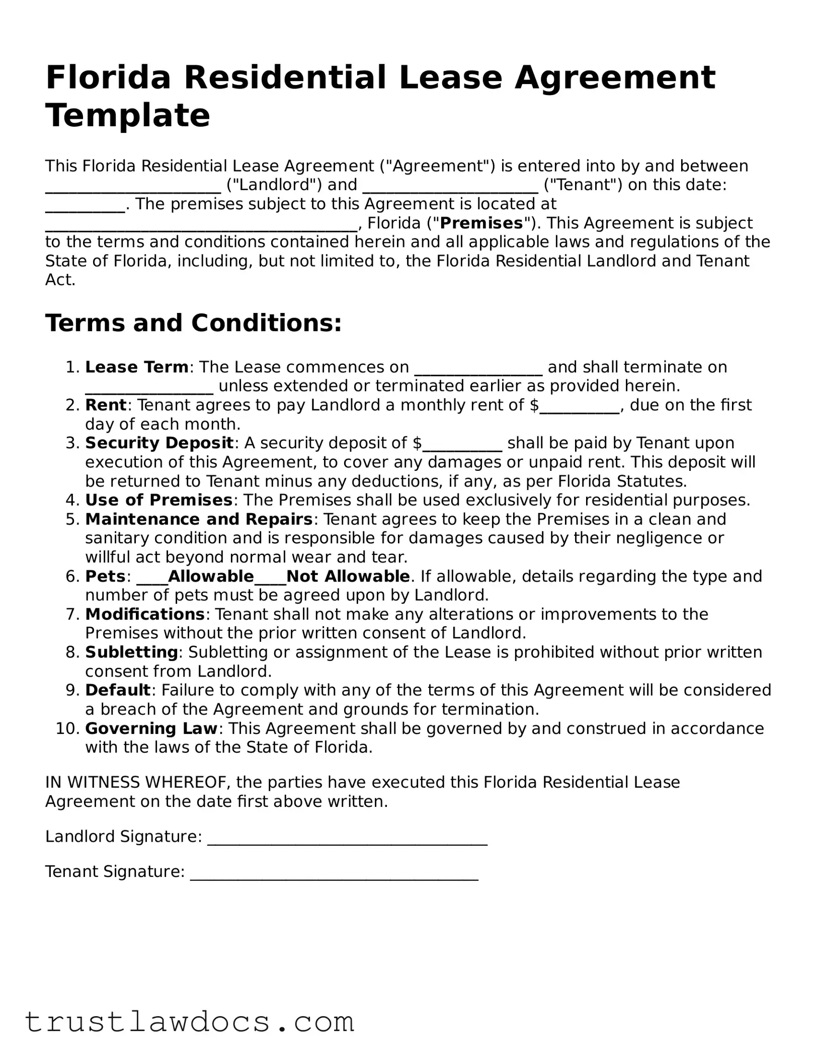 Free  Residential Lease Agreement Form for Florida