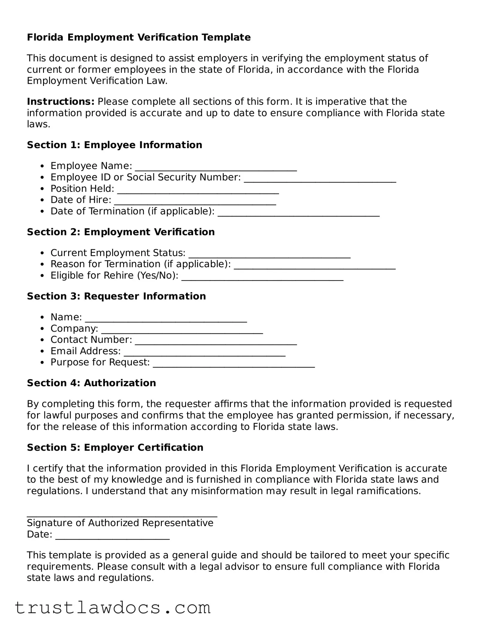 Free  Employment Verification Form for Florida