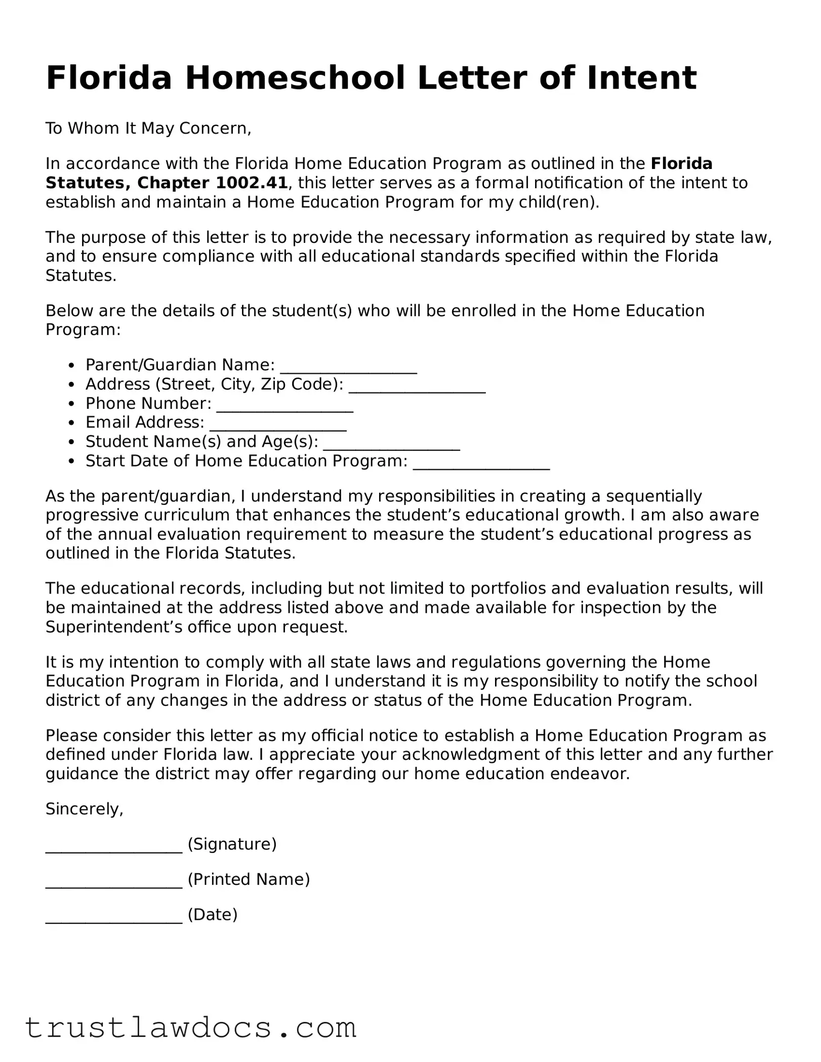 Free  Homeschool Letter of Intent Form for Florida