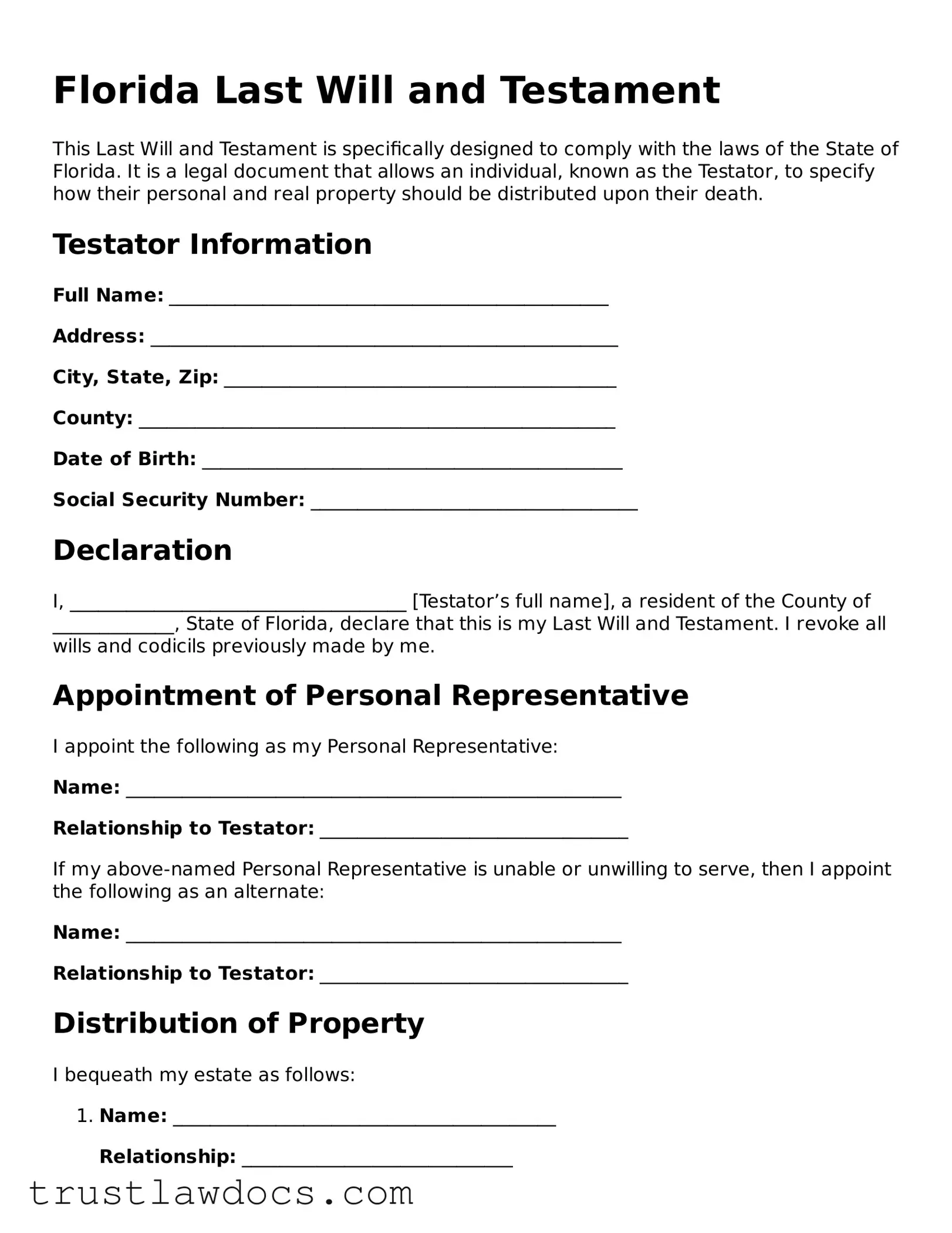 Free  Last Will and Testament Form for Florida