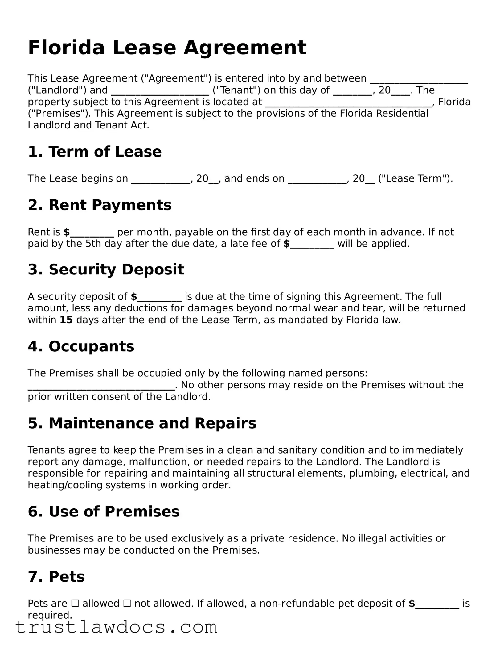Free  Lease Agreement Form for Florida