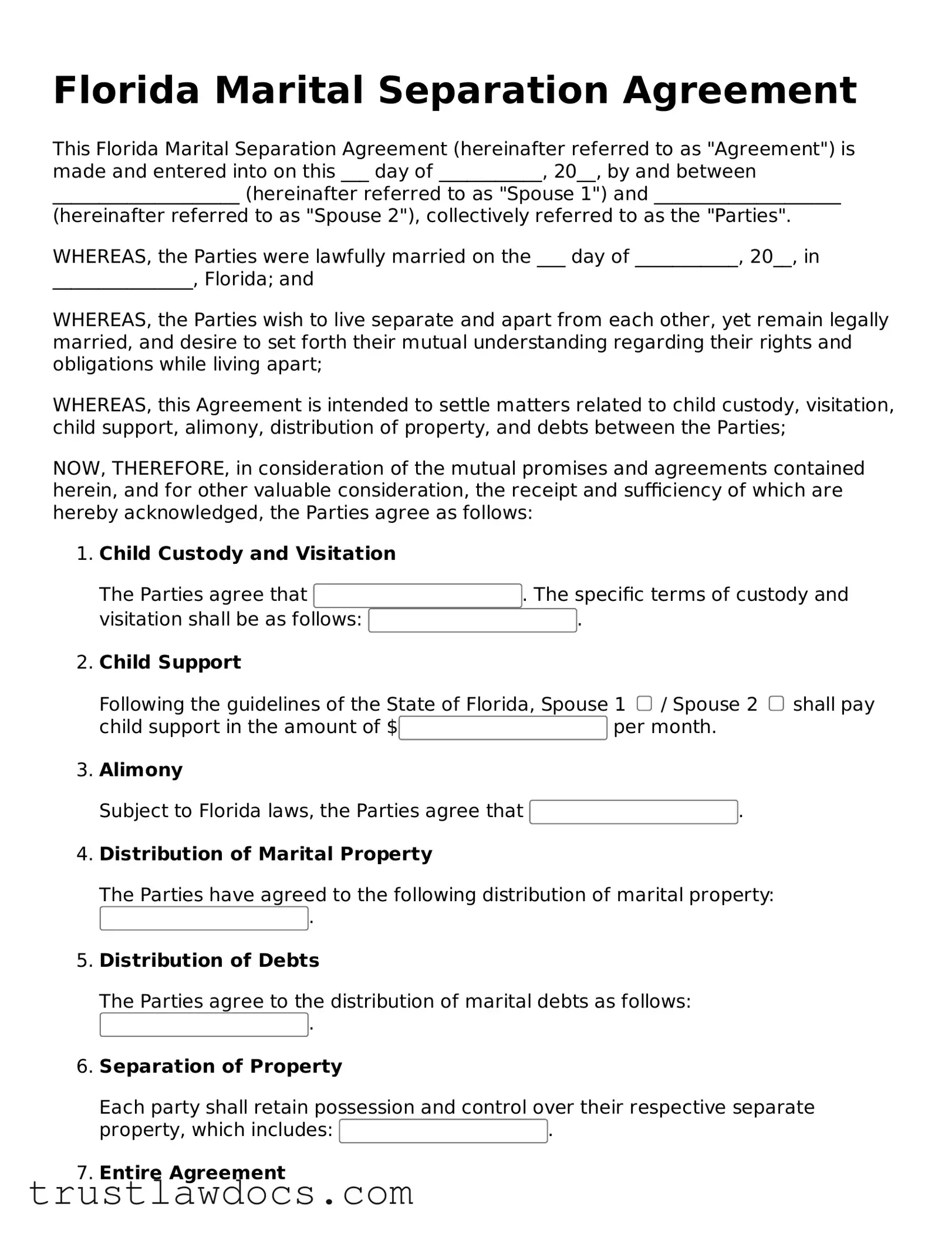 Free  Marital Separation Agreement Form for Florida