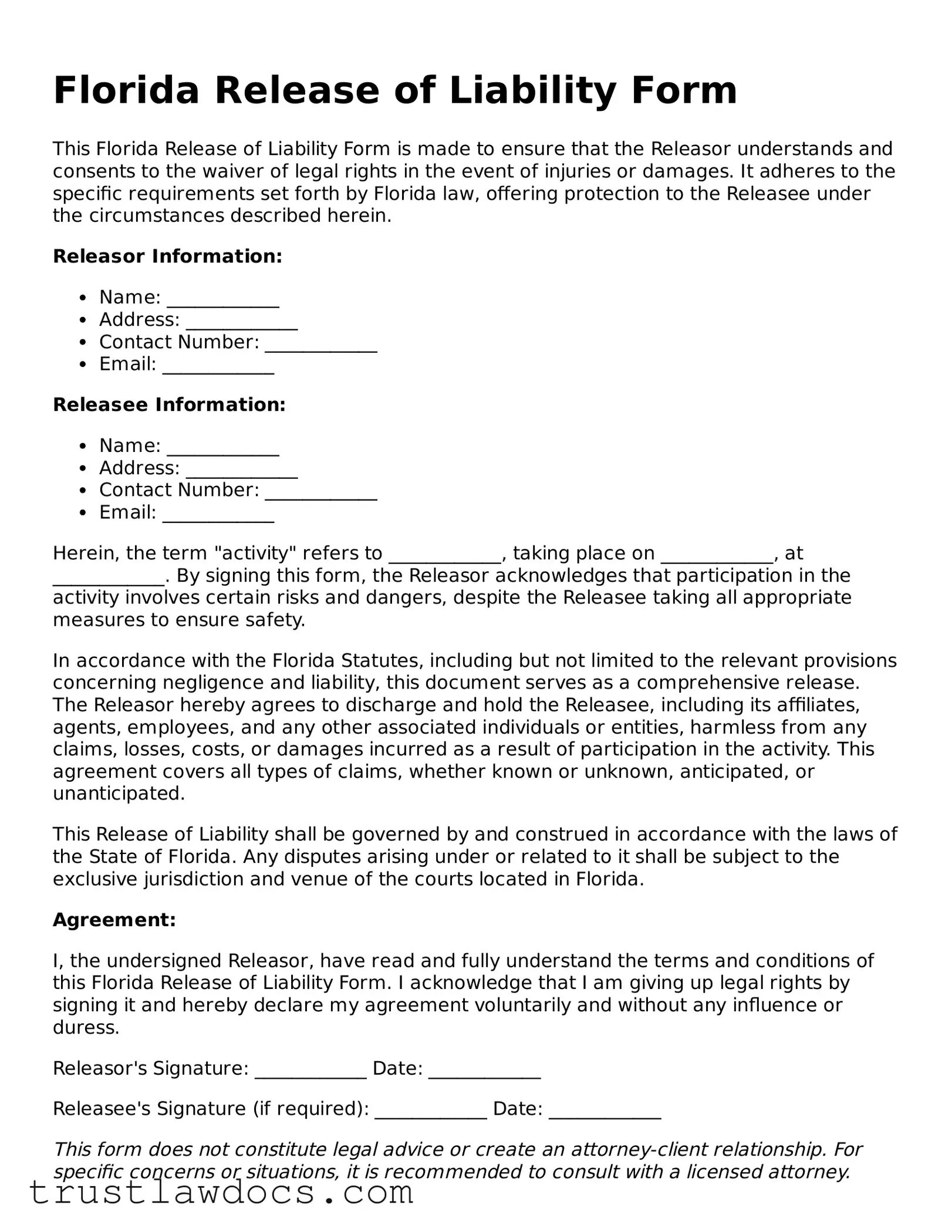 Free  Release of Liability Form for Florida