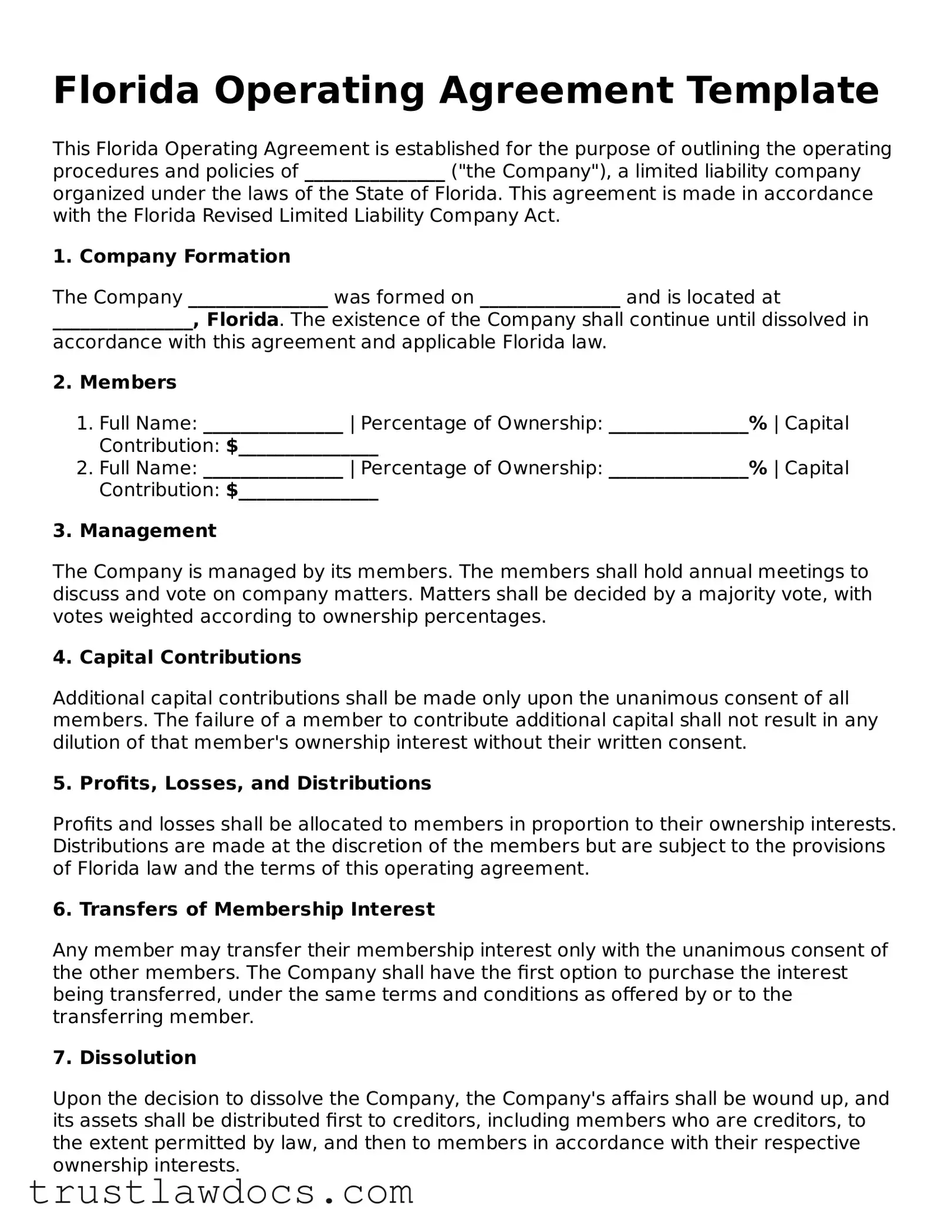 Free  Operating Agreement Form for Florida