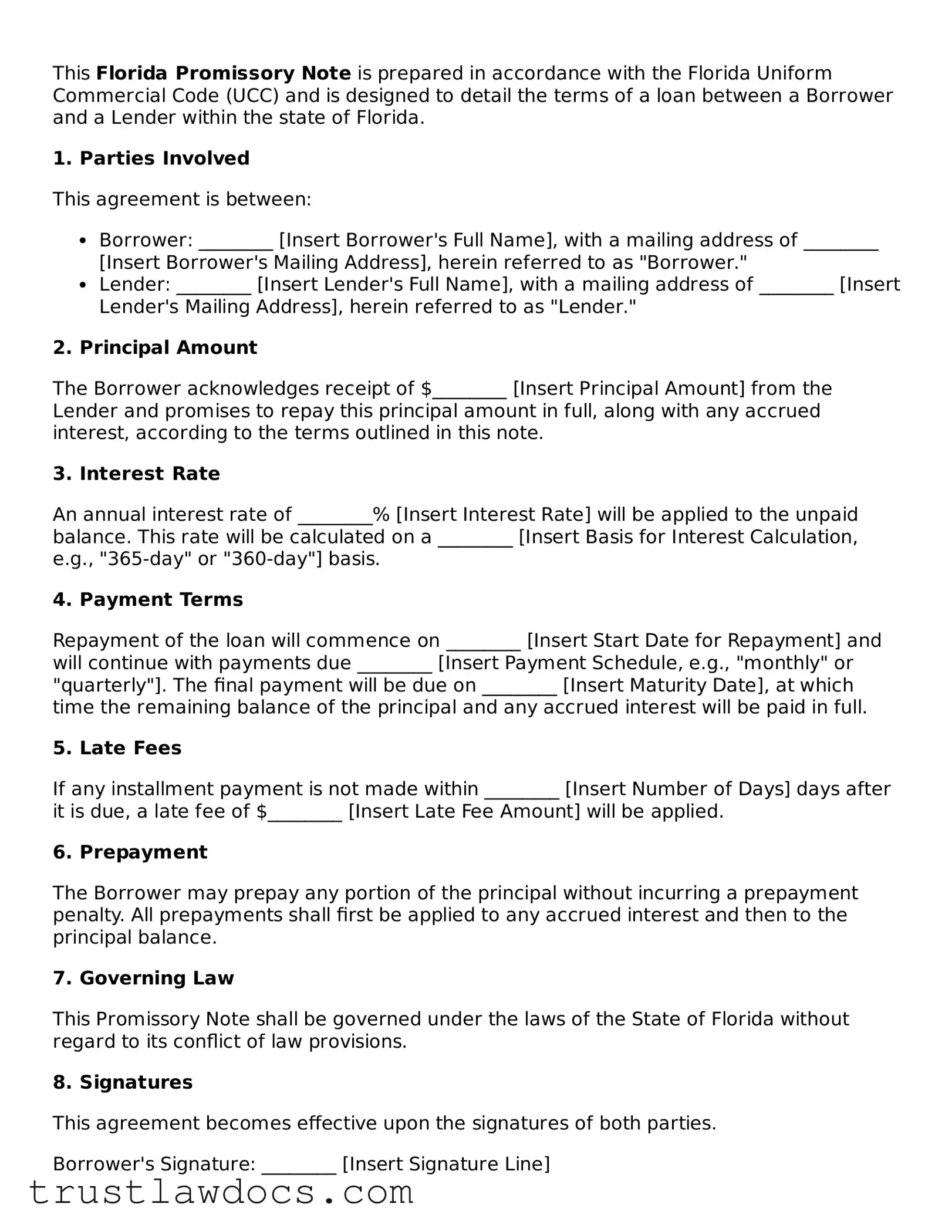 Free  Promissory Note Form for Florida