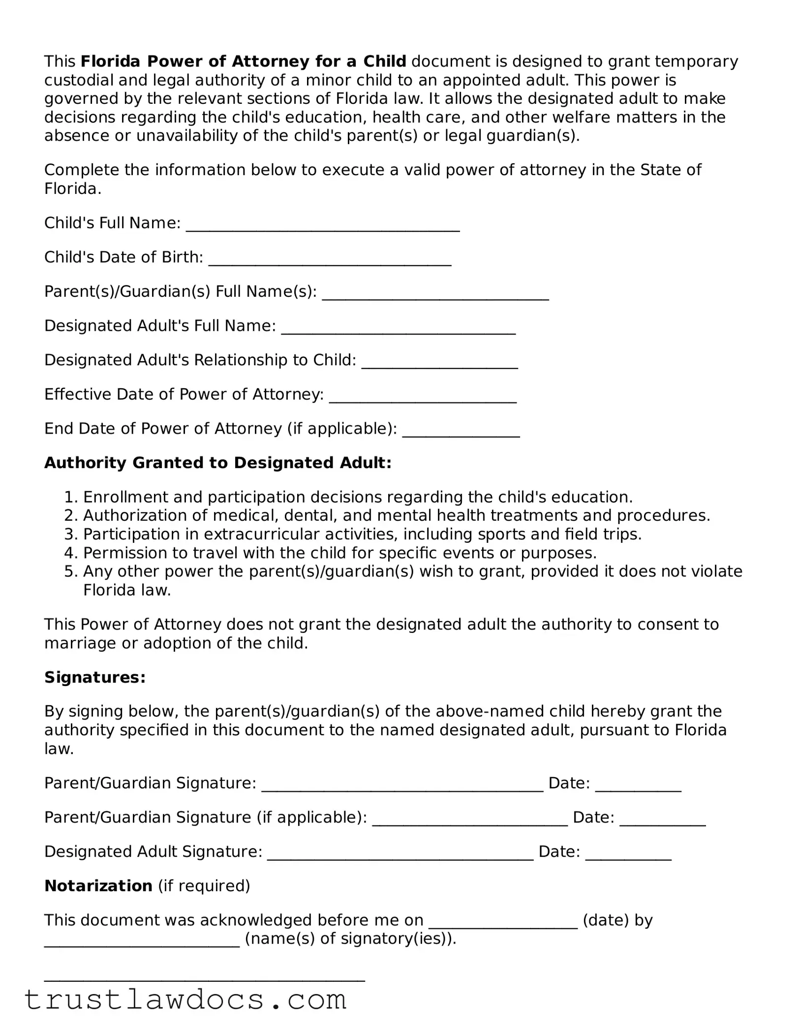 Free  Power of Attorney for a Child Form for Florida