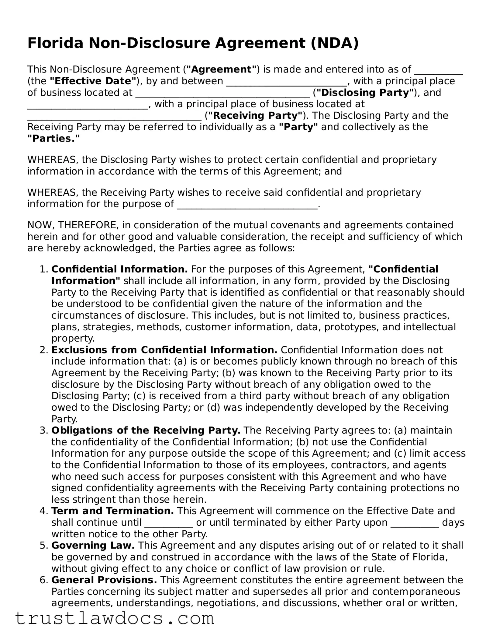 Free  Non-disclosure Agreement Form for Florida