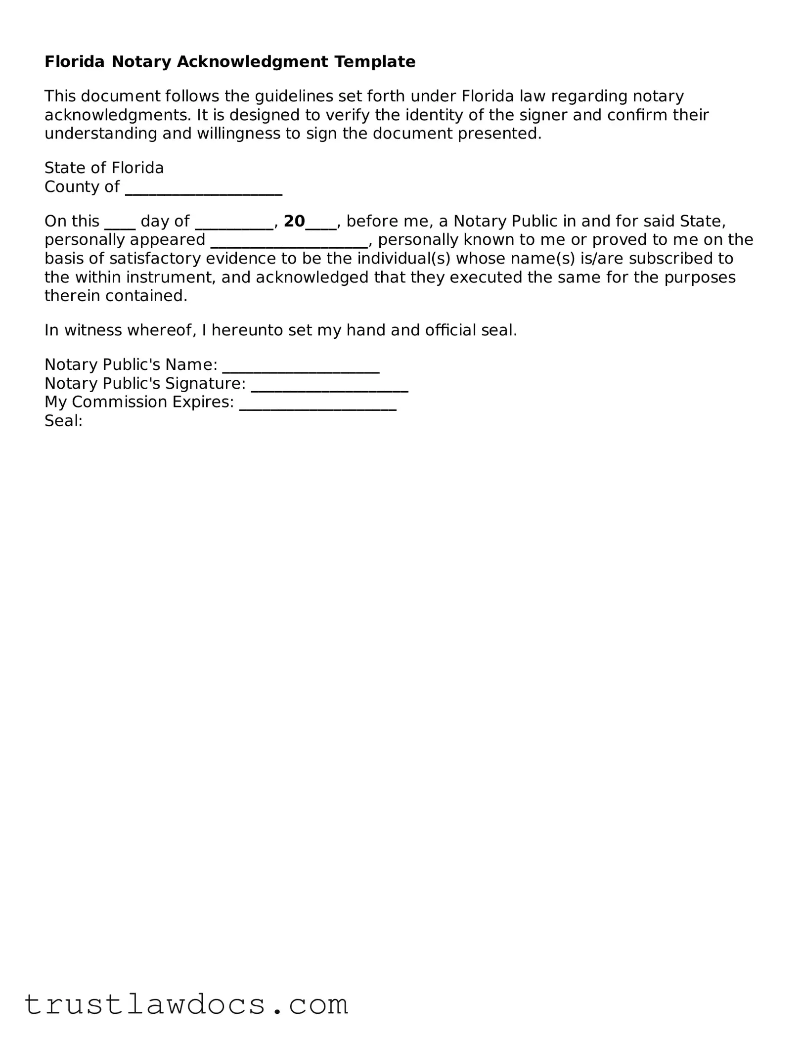 Free  Notary Acknowledgement Form for Florida