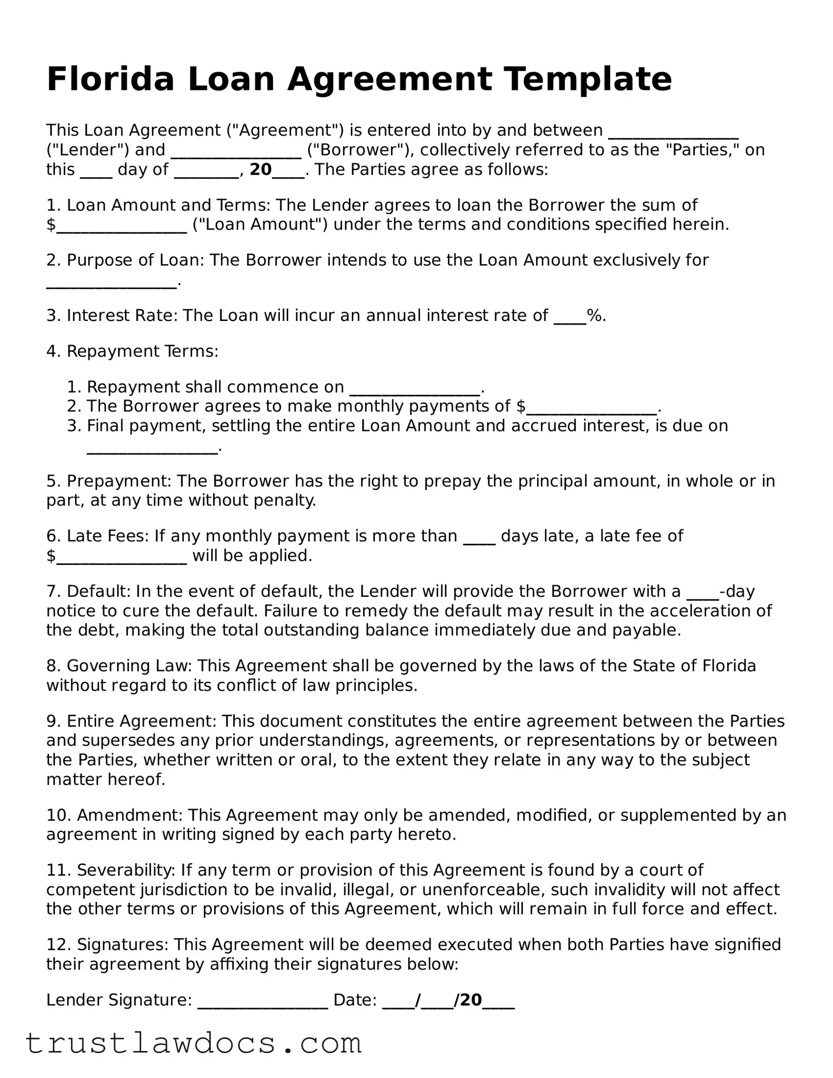 Free  Loan Agreement Form for Florida